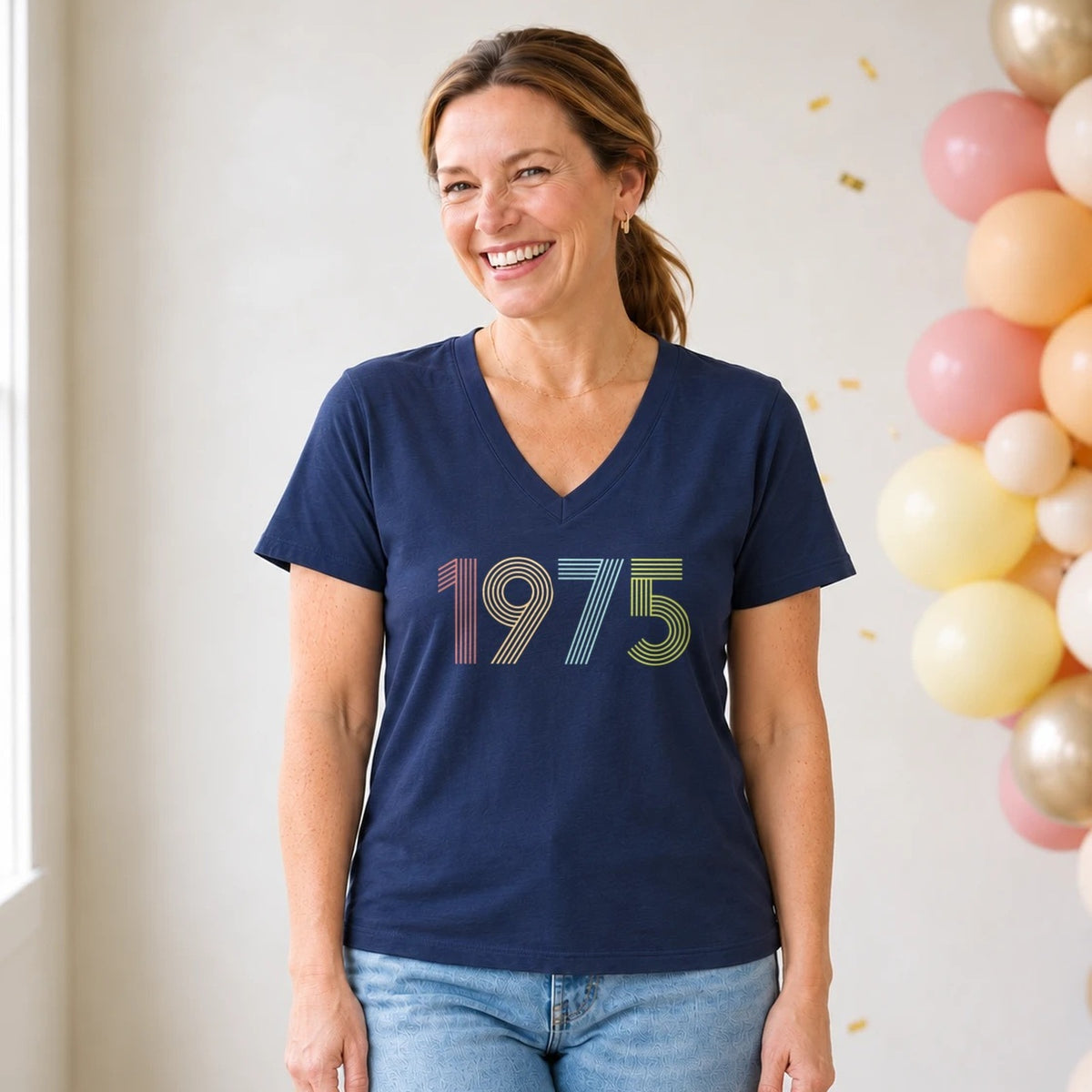 1975 Birth Year Shirt - Retro 51st Birthday T-Shirt for Women - Navy Blue V-Neck