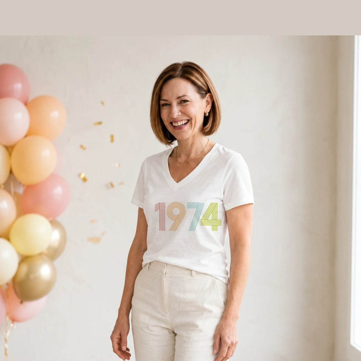 1974 Birth Year Shirt - Retro 52nd Birthday T-Shirt for Women - White V-Neck