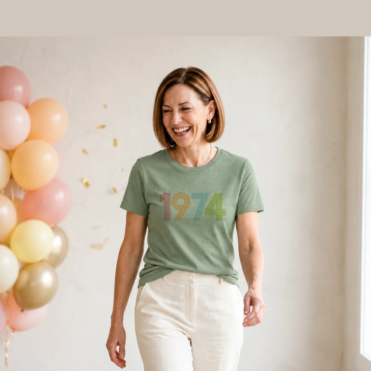 1974 Birth Year Shirt - Retro 52nd Birthday T-Shirt for Women - Sage Green Round Neck