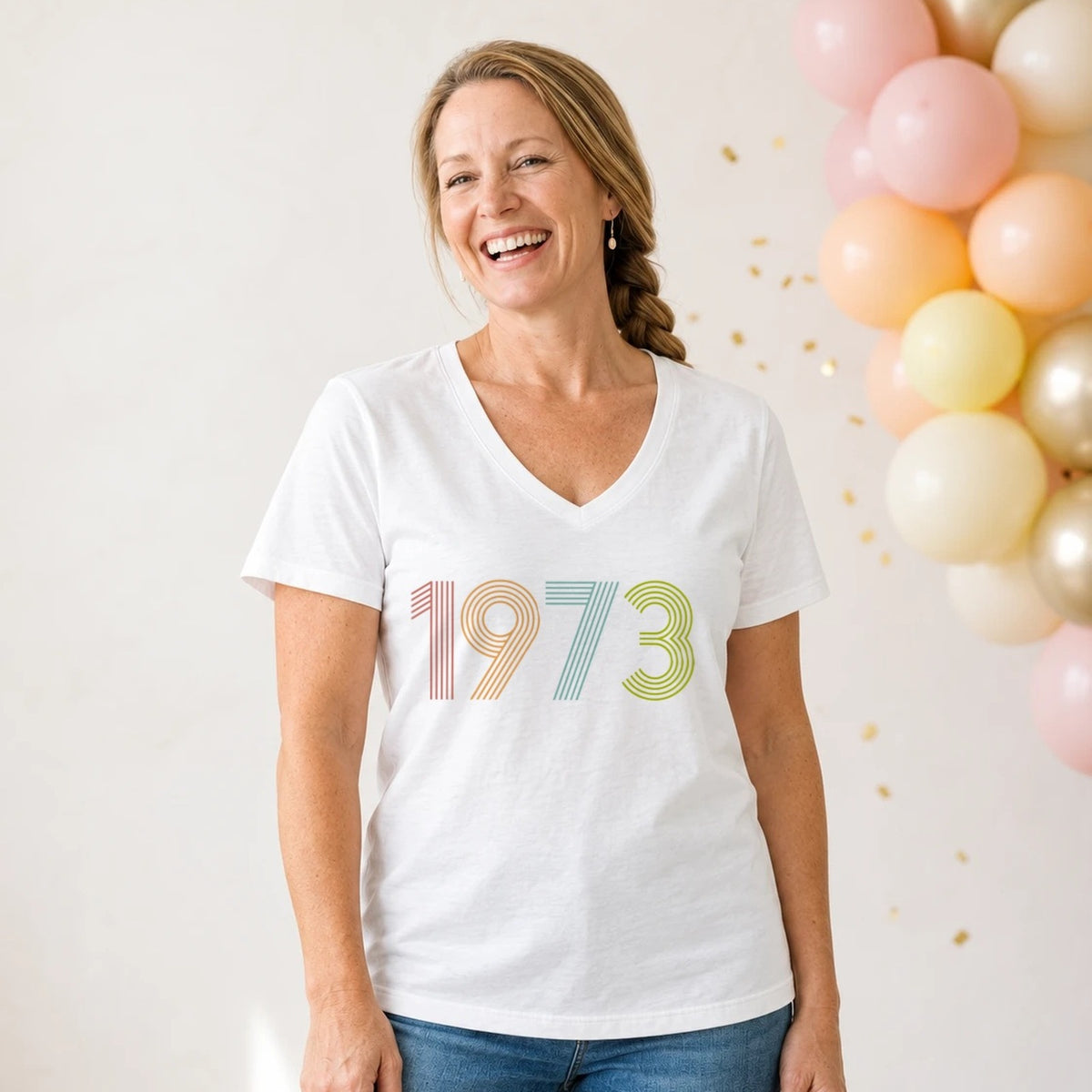 1973 Birth Year Shirt - Retro 53rd Birthday T-Shirt for Women - White V-Neck