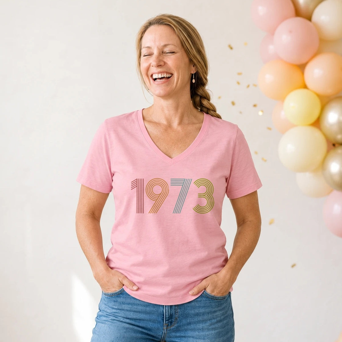 1973 Birth Year Shirt - Retro 53rd Birthday T-Shirt for Women - Blush Pink V-Neck