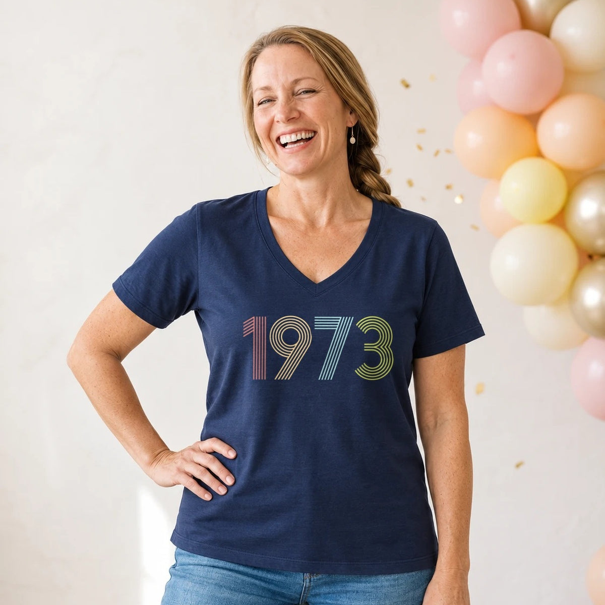 1973 Birth Year Shirt - Retro 53rd Birthday T-Shirt for Women - Navy Blue V-Neck