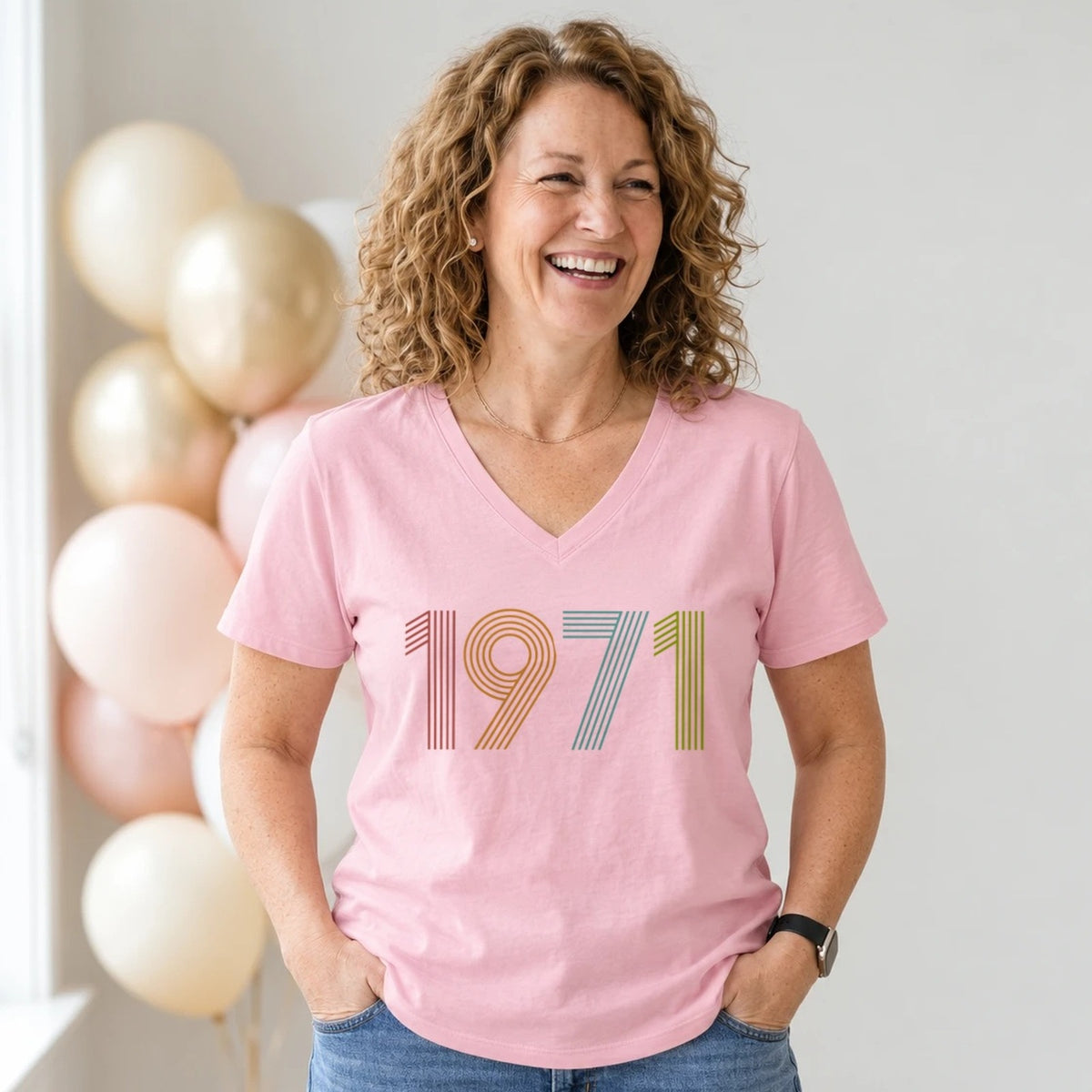 1971 Birth Year Shirt - Retro 55th Birthday T-Shirt for Women - Blush Pink V-Neck