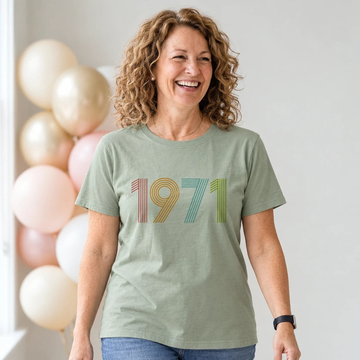 1971 Birth Year Shirt - Retro 55th Birthday T-Shirt for Women - Sage Green Round Neck