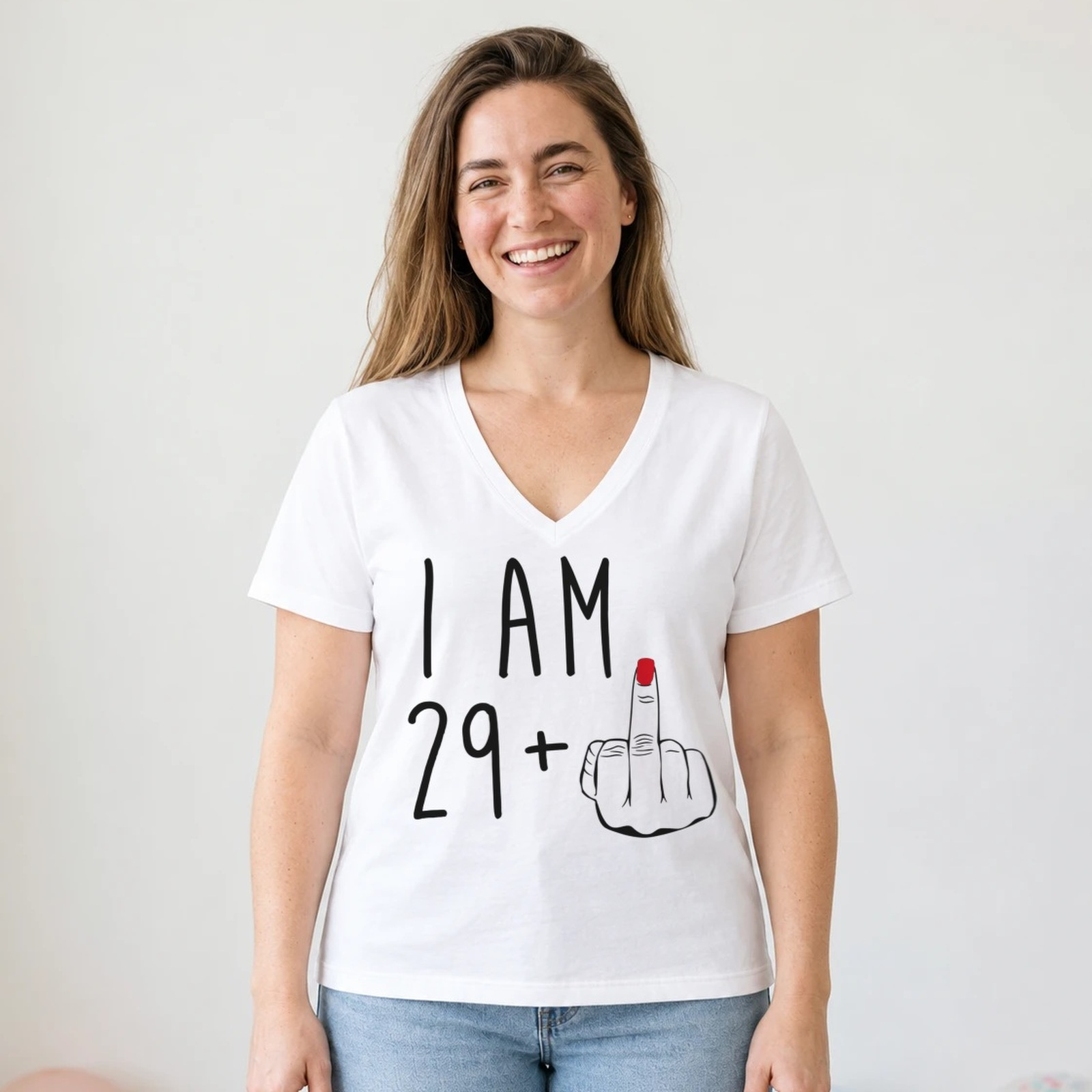 I Am 29 + Middle Finger - Funny 30th Birthday T-Shirt for Women - White V-Neck