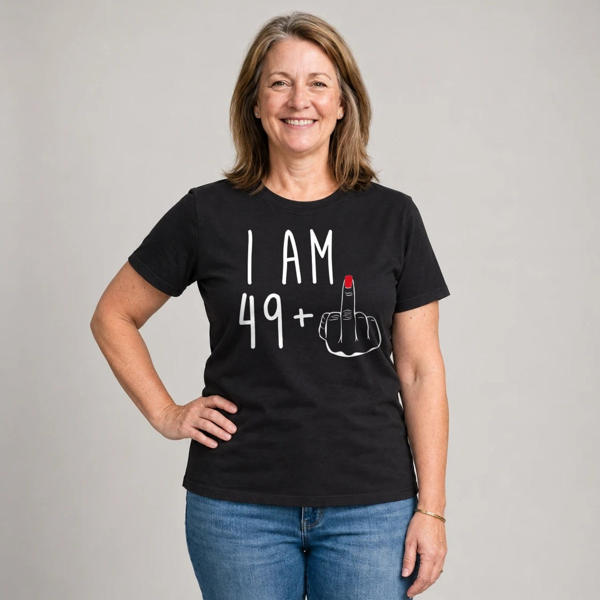 I Am 49 + Middle Finger - Funny 50th Birthday T-Shirt for Women - Black Round Neck