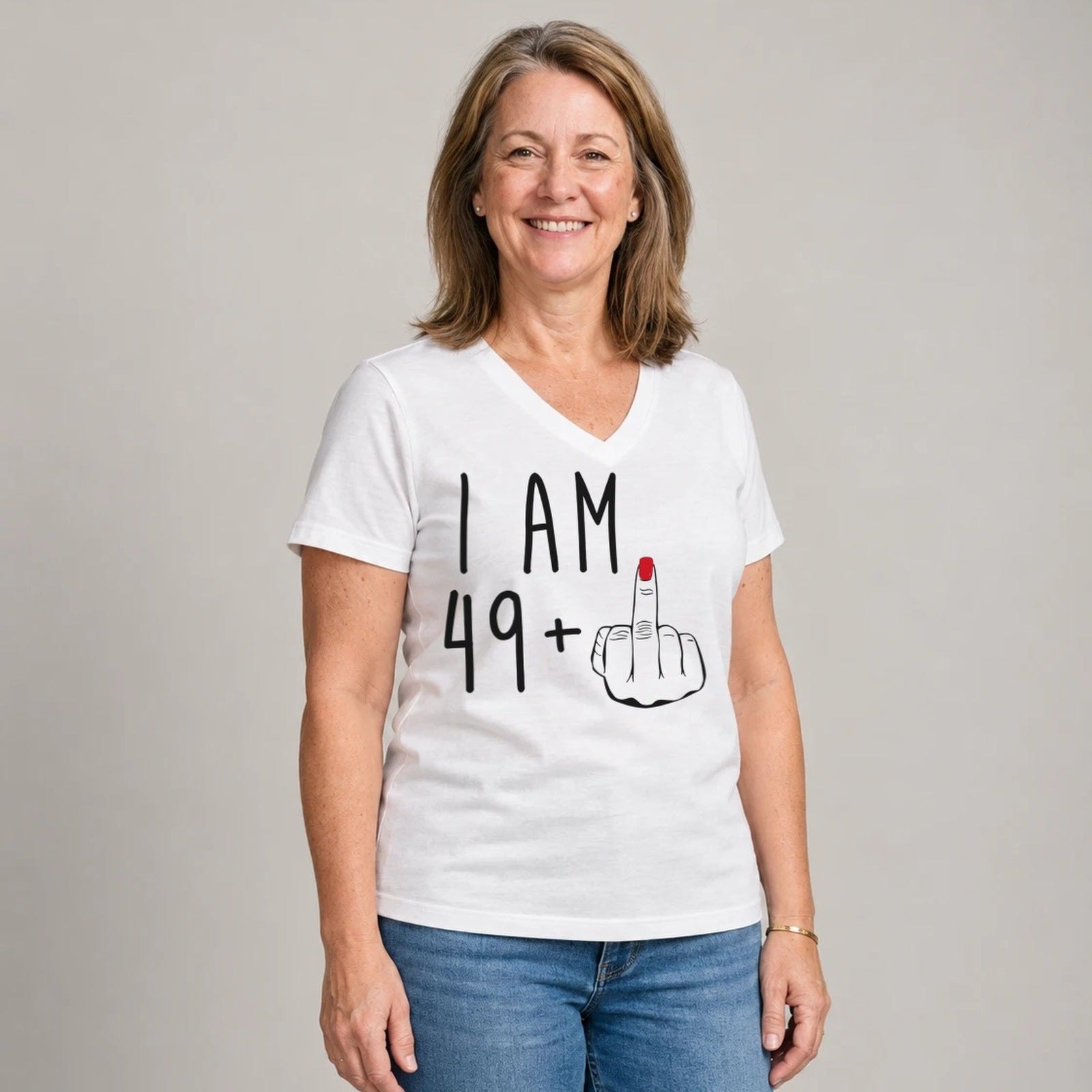 I Am 49 + Middle Finger - Funny 50th Birthday T-Shirt for Women - White V-Neck