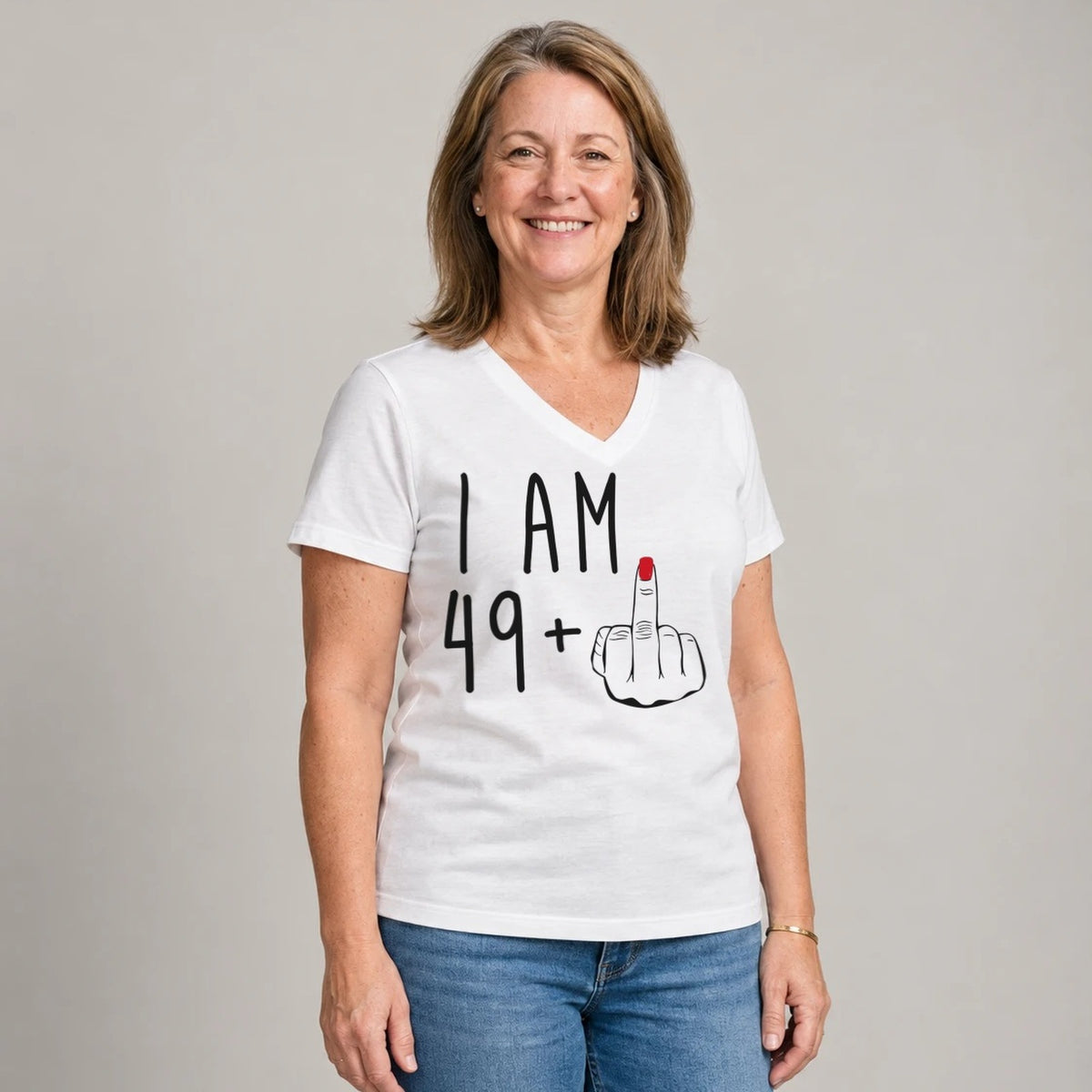 I Am 49 + Middle Finger - Funny 50th Birthday T-Shirt for Women - White V-Neck