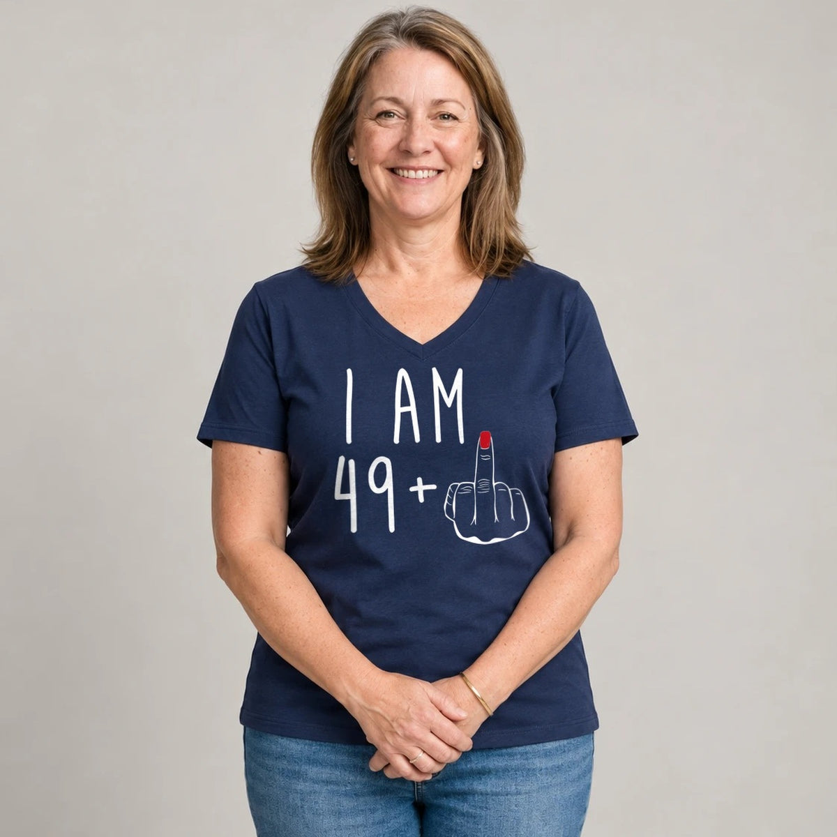 I Am 49 + Middle Finger - Funny 50th Birthday T-Shirt for Women - Navy Blue V-Neck