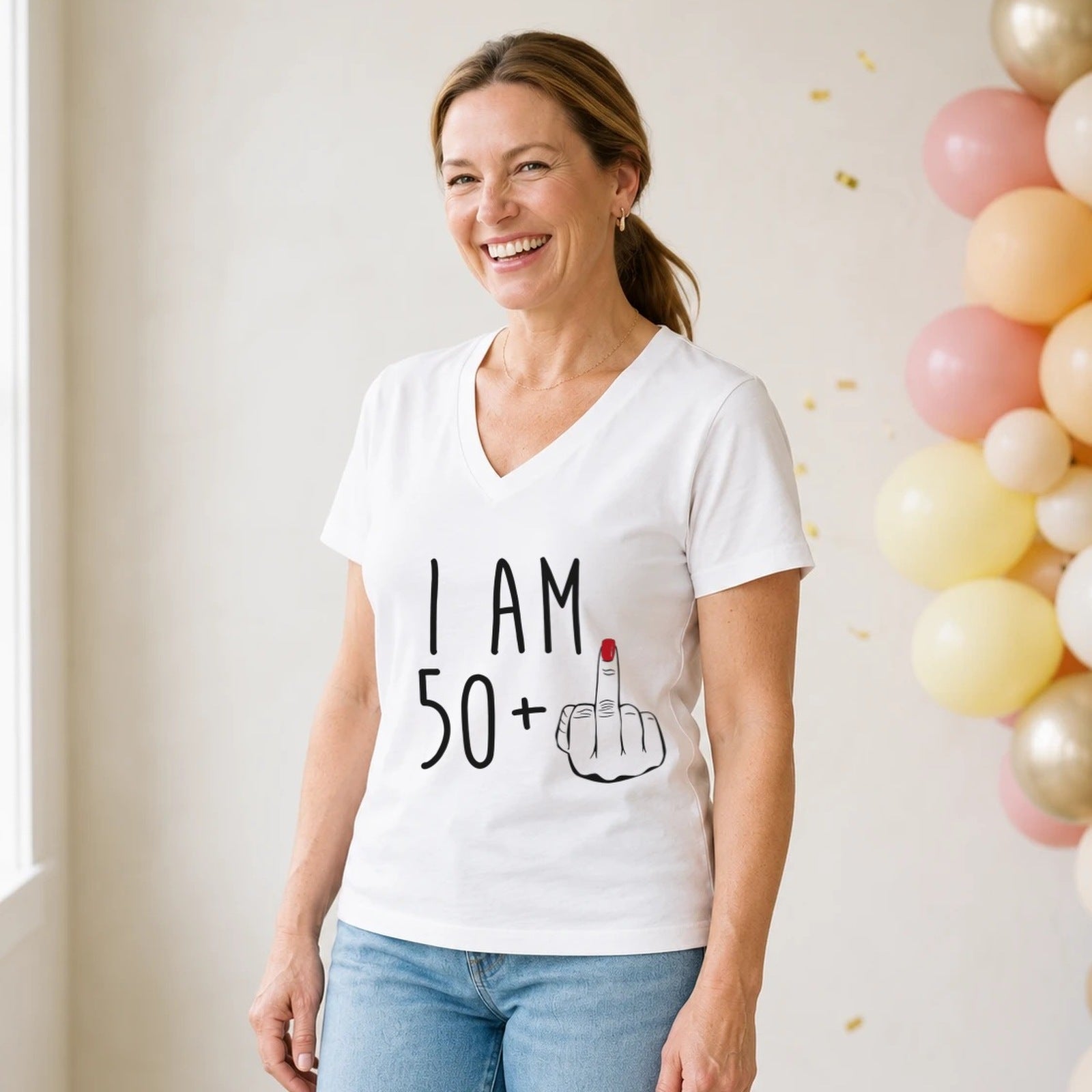 I Am 50 + Middle Finger - Funny 51st Birthday T-Shirt for Women - White V-Neck
