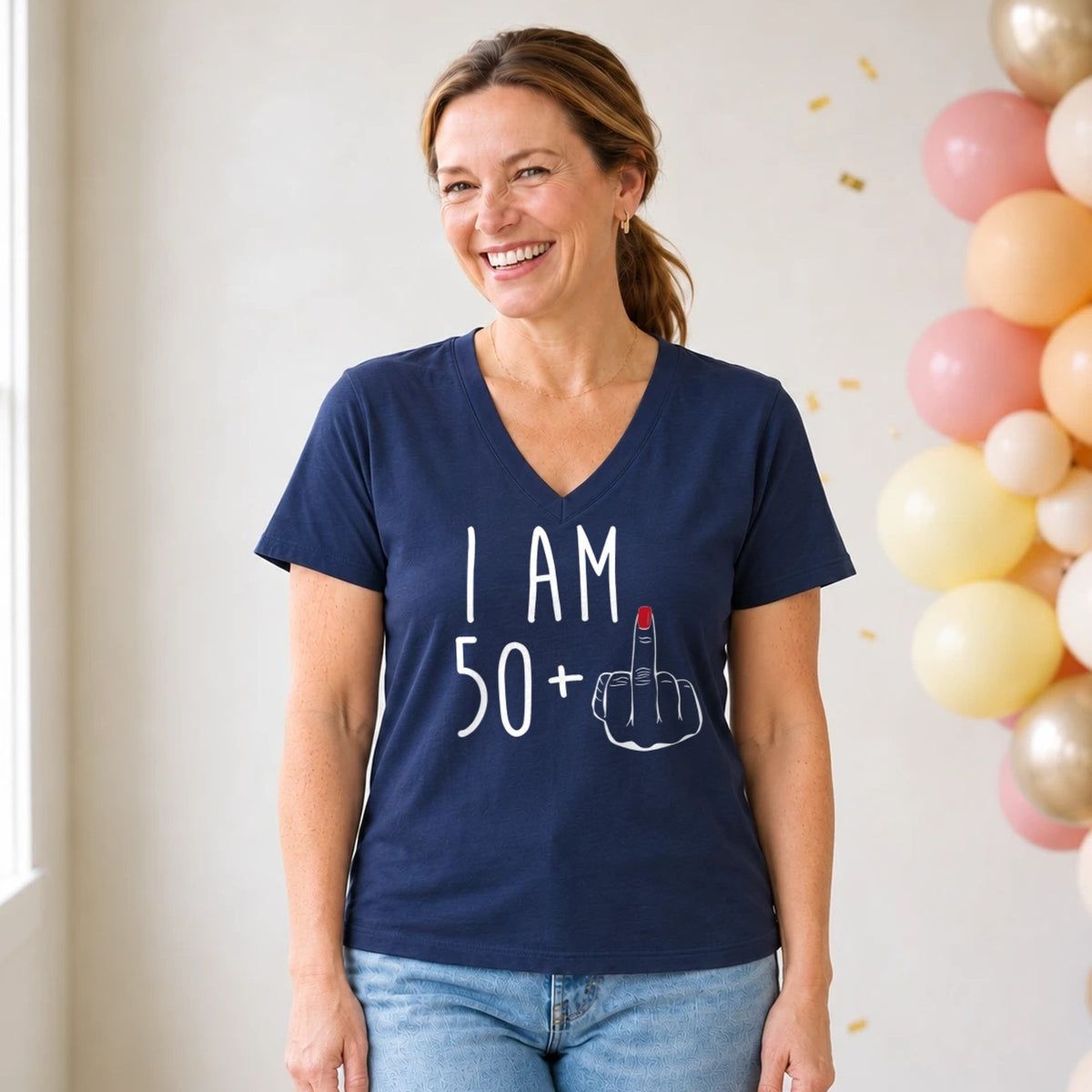 I Am 50 + Middle Finger - Funny 51st Birthday T-Shirt for Women - Navy Blue V-Neck