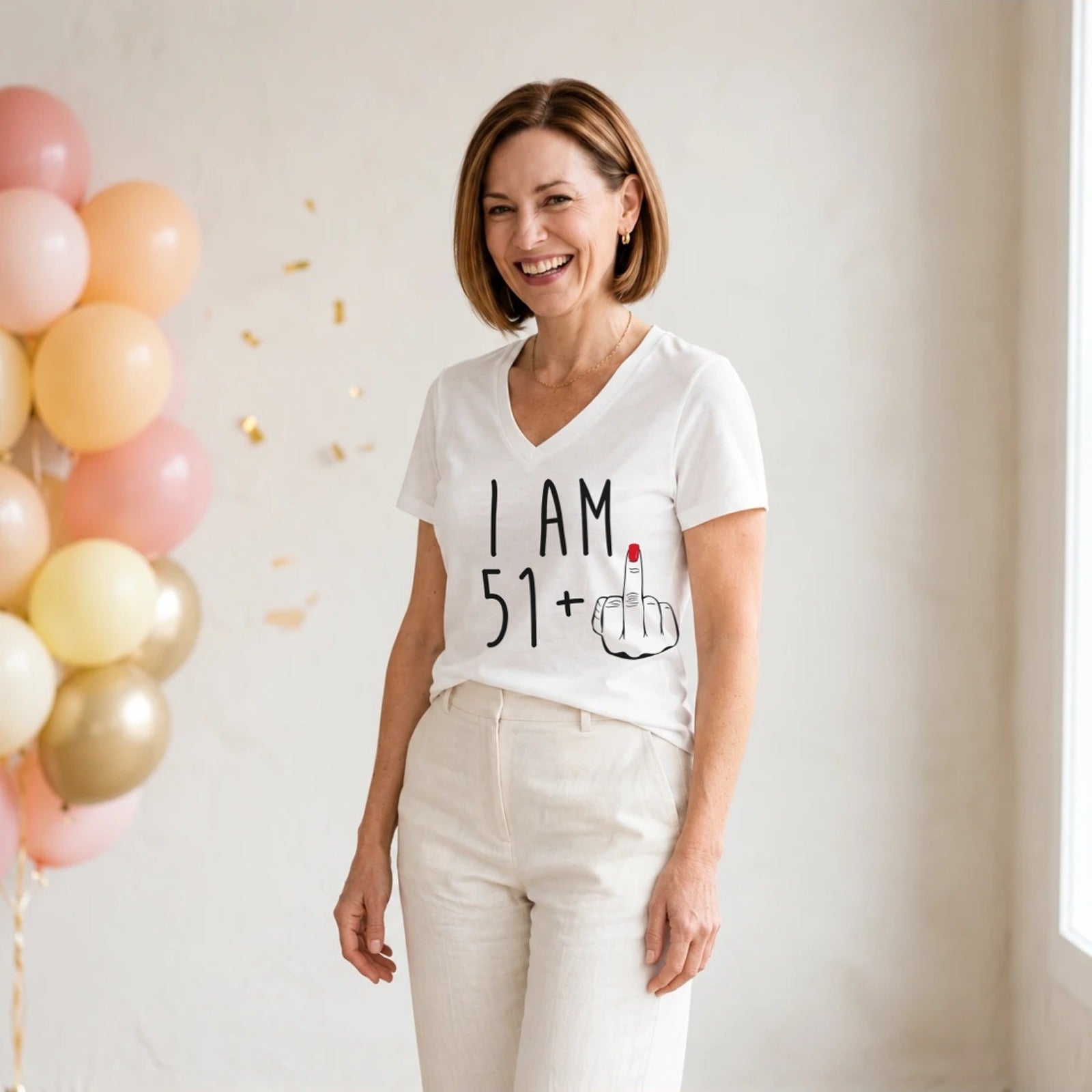 I Am 51 + Middle Finger - Funny 52nd Birthday T-Shirt for Women - White V-Neck
