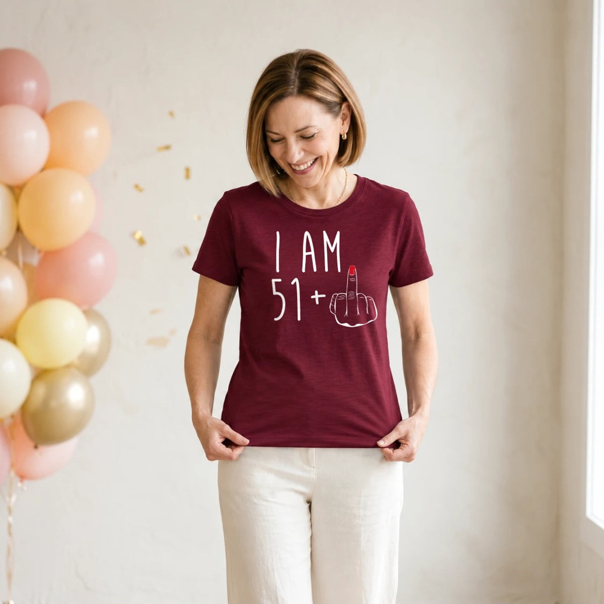 I Am 51 + Middle Finger - Funny 52nd Birthday T-Shirt for Women - Burgundy Round Neck