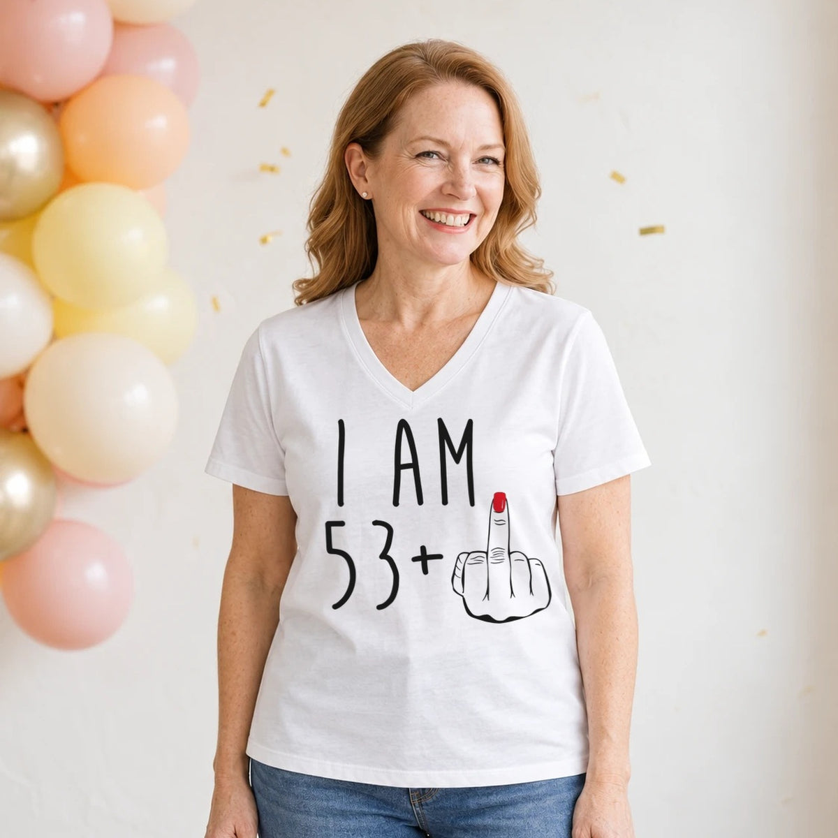 I Am 53 + Middle Finger - Funny 54th Birthday T-Shirt for Women - White V-Neck