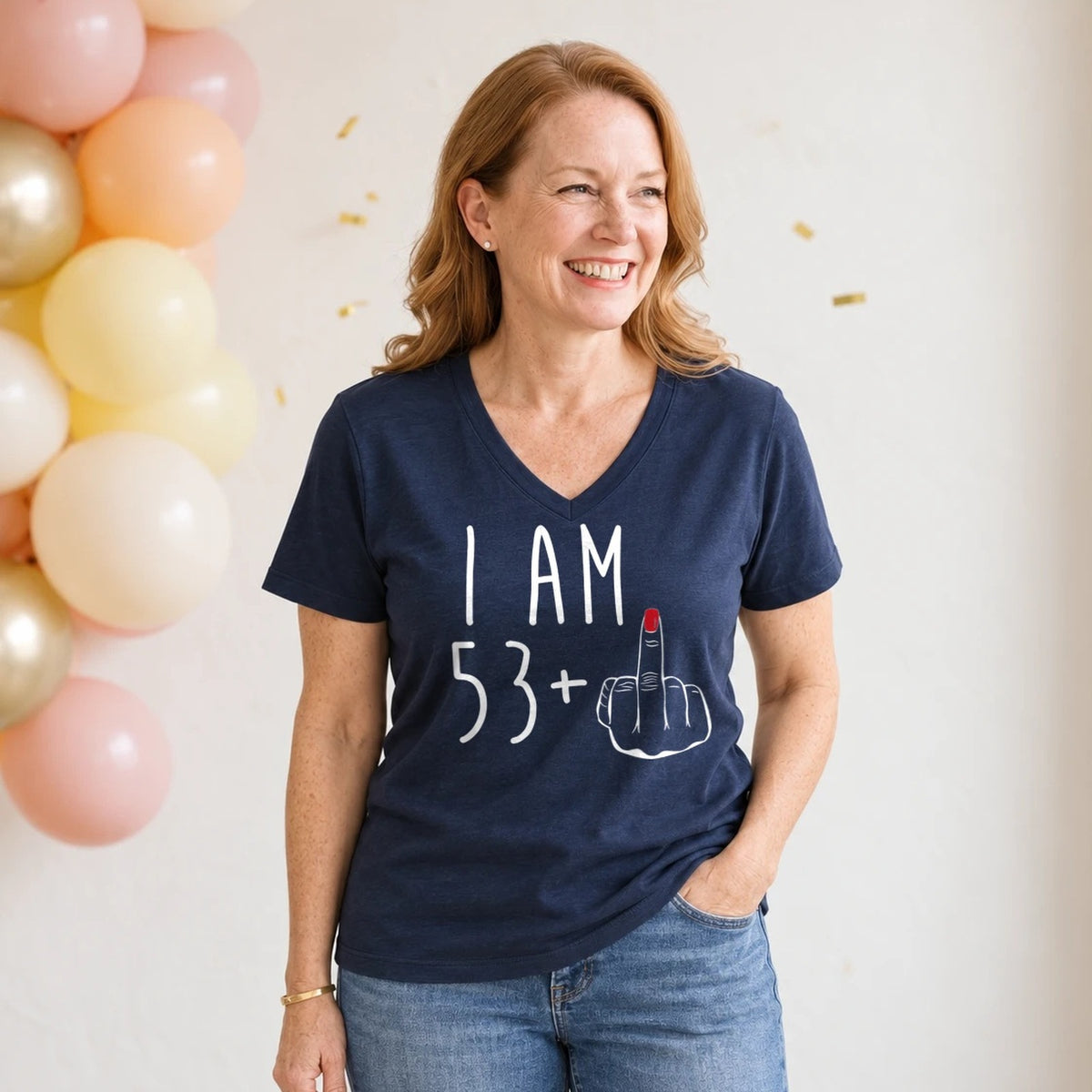 I Am 53 + Middle Finger - Funny 54th Birthday T-Shirt for Women - Navy Blue V-Neck