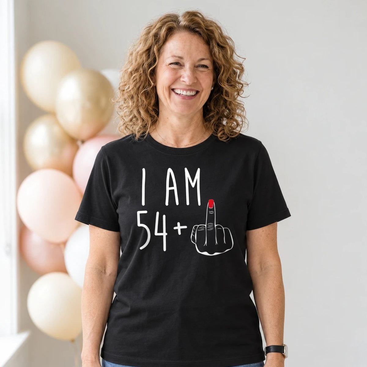 I Am 54 + Middle Finger - Funny 55th Birthday T-Shirt for Women - Black Round Neck