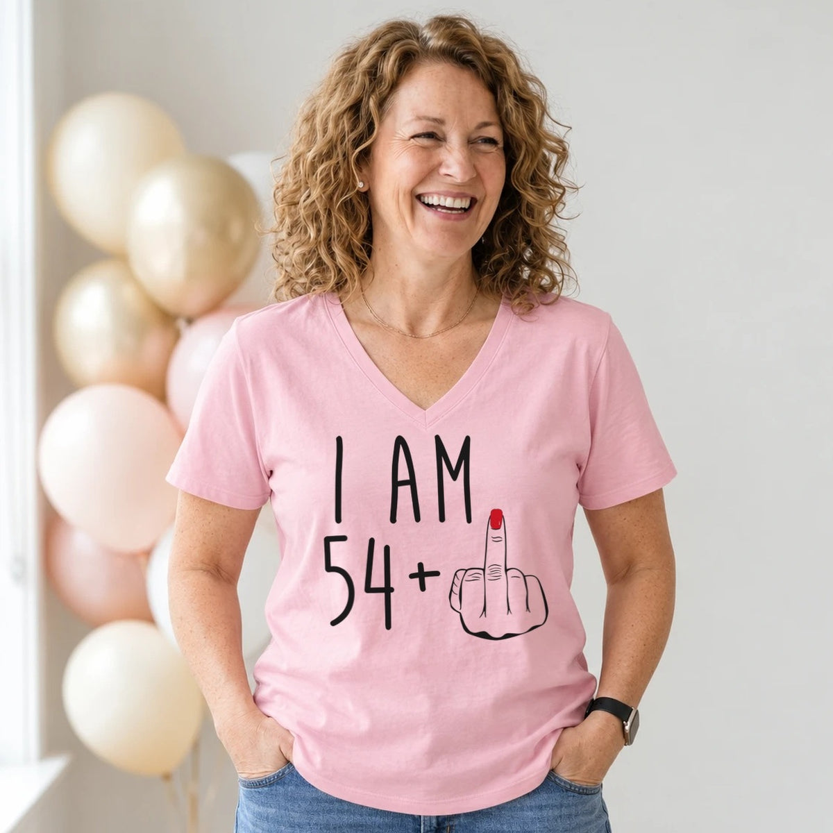 I Am 54 + Middle Finger - Funny 55th Birthday T-Shirt for Women - Blush Pink V-Neck