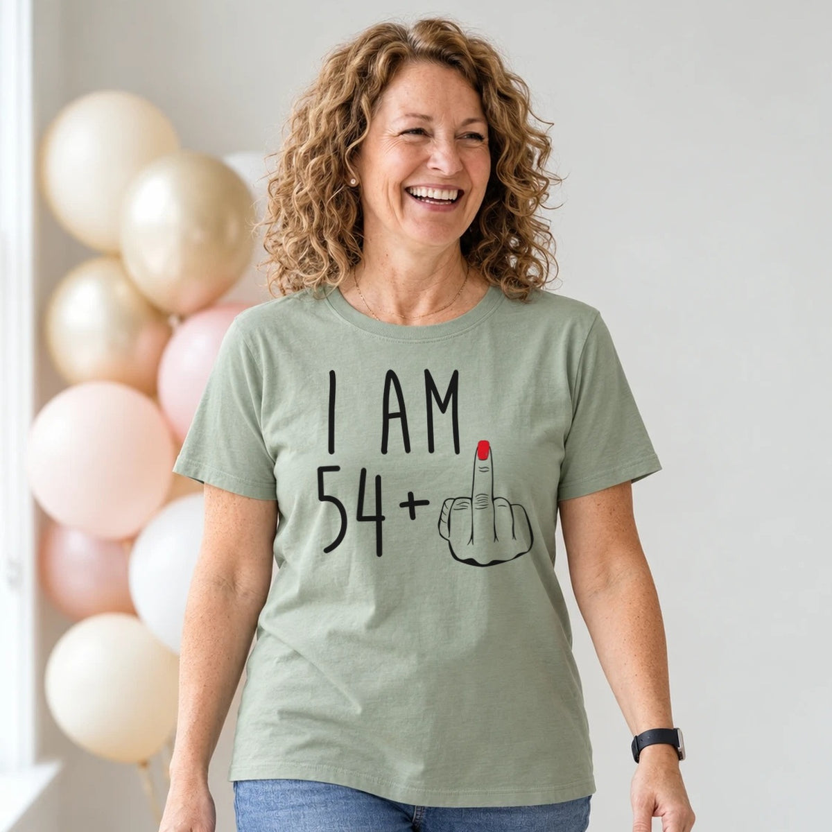 I Am 54 + Middle Finger - Funny 55th Birthday T-Shirt for Women - Sage Green Round Neck