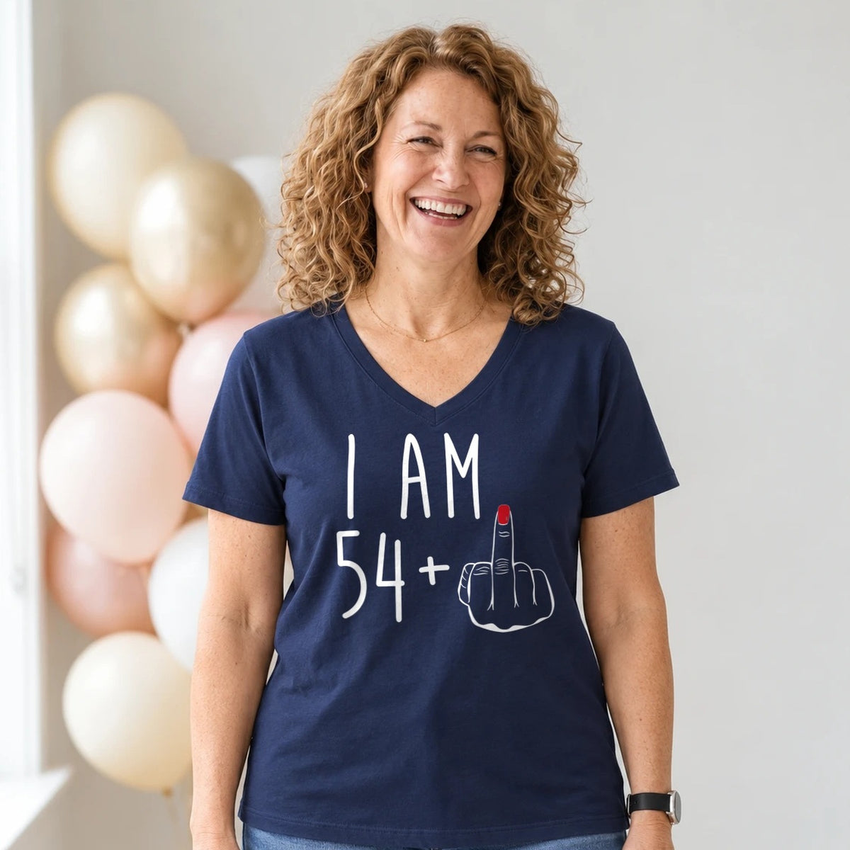 I Am 54 + Middle Finger - Funny 55th Birthday T-Shirt for Women - Navy Blue V-Neck