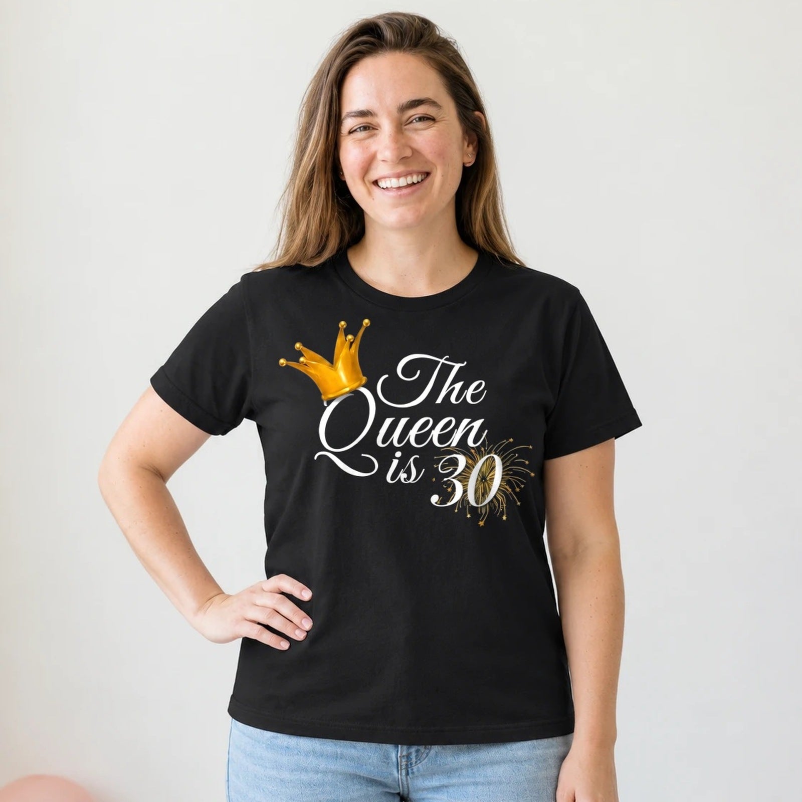 The Queen Is 30 - 30th Birthday Queen T-Shirt for Women - Black Round Neck