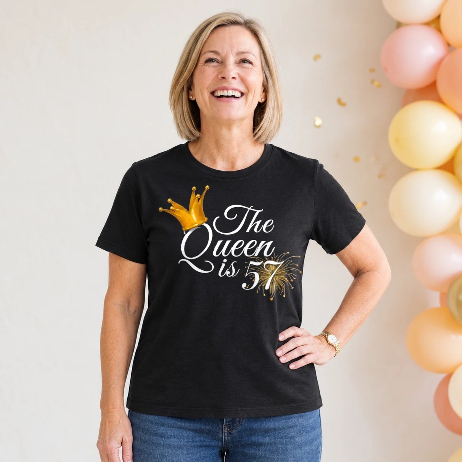 The Queen Is 57 - 57th Birthday Queen T-Shirt for Women - Black Round Neck