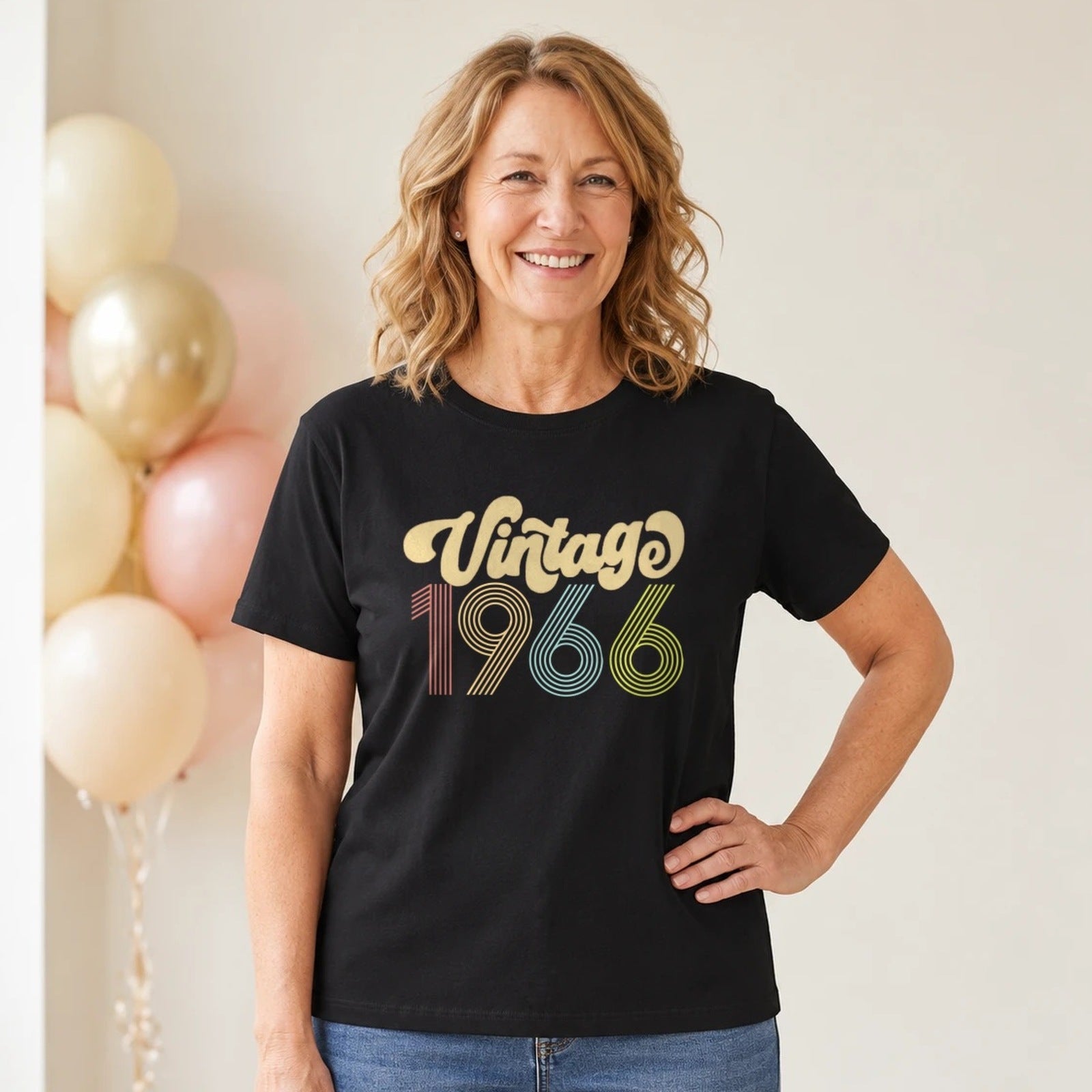 Vintage 1966 - Retro 60th Birthday T-Shirt for Women - Black Round Neck