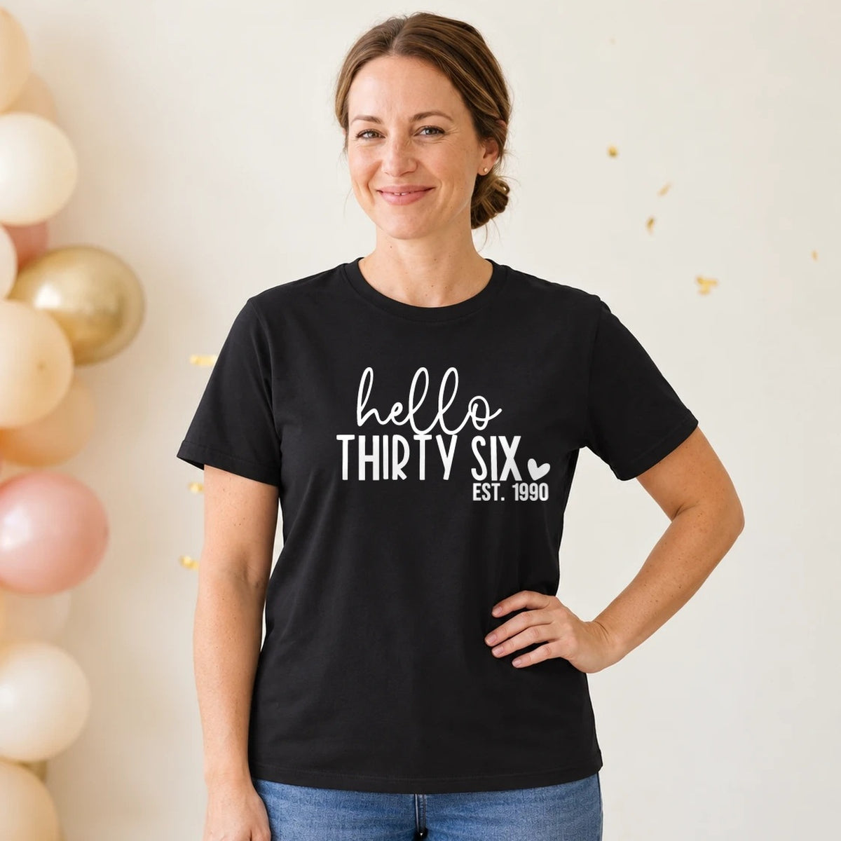 Hello Thirty-Six 36th Birthday T-Shirt for Women - Est. 1990 - Black Round Neck