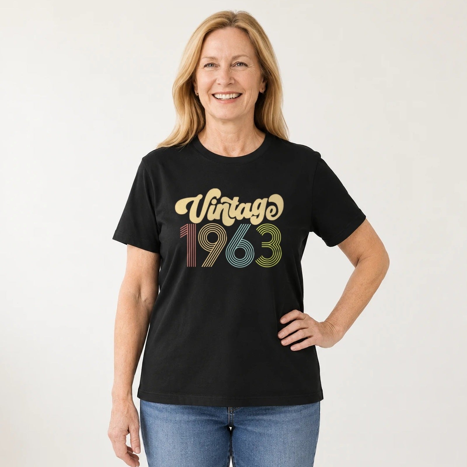 Vintage 1963 - Retro 63rd Birthday T-Shirt for Women - Black Round Neck