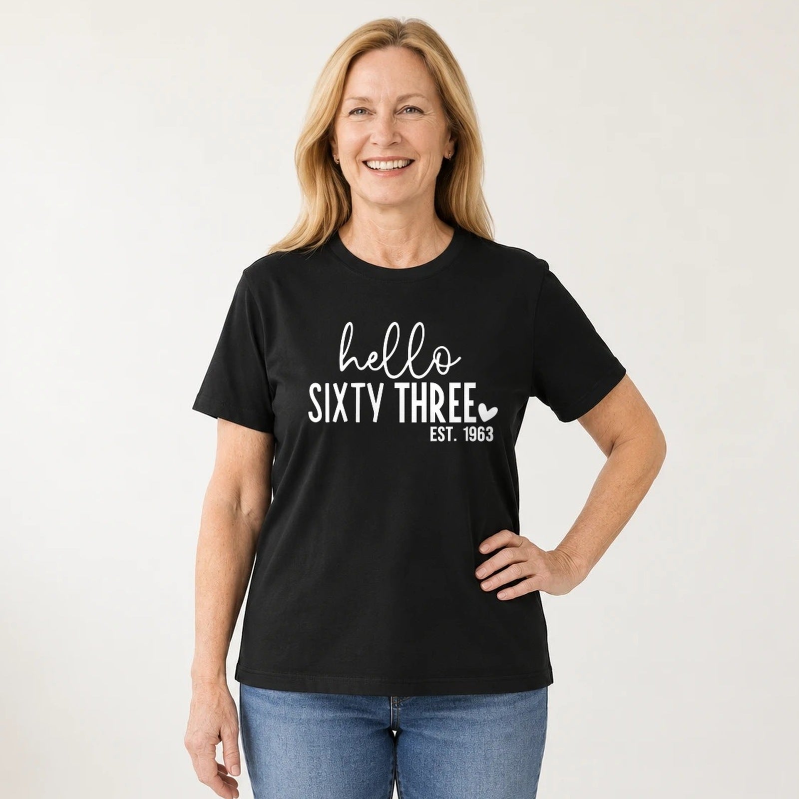 Hello Sixty-Three 63rd Birthday T-Shirt for Women - Est. 1963 - Black Round Neck