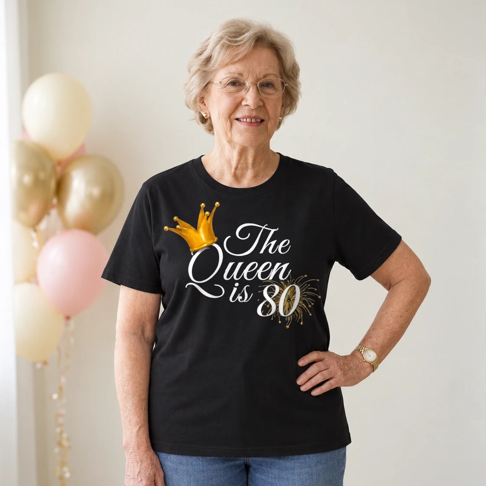 The Queen Is 80 - 80th Birthday Queen T-Shirt for Women - Black Round Neck