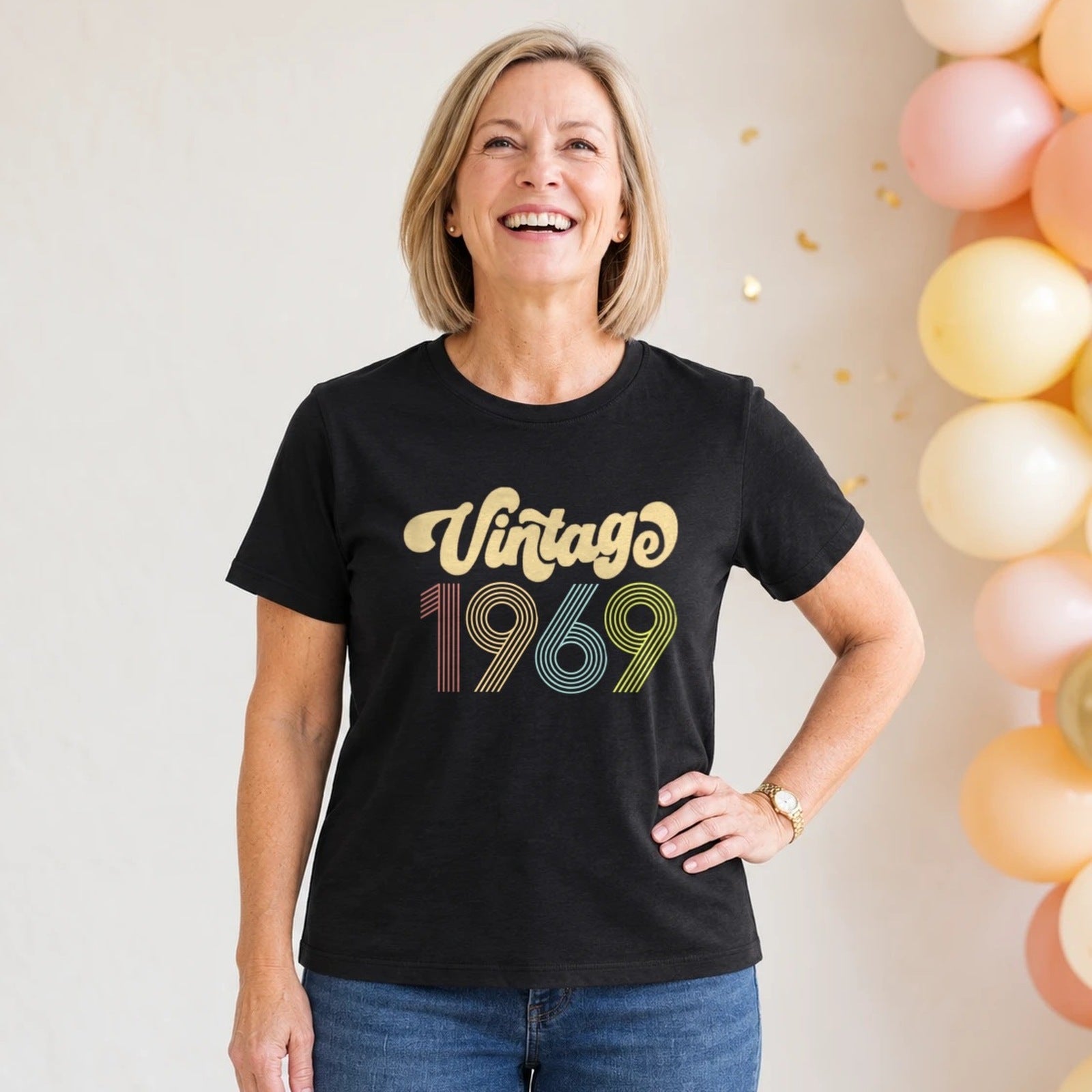 Vintage 1969 - Retro 57th Birthday T-Shirt for Women - Black Round Neck