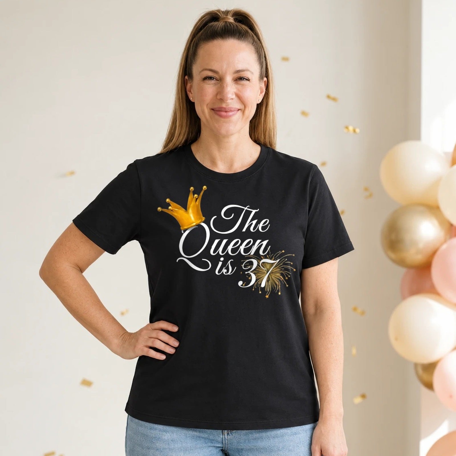 The Queen Is 37 - 37th Birthday Queen T-Shirt for Women - Black Round Neck