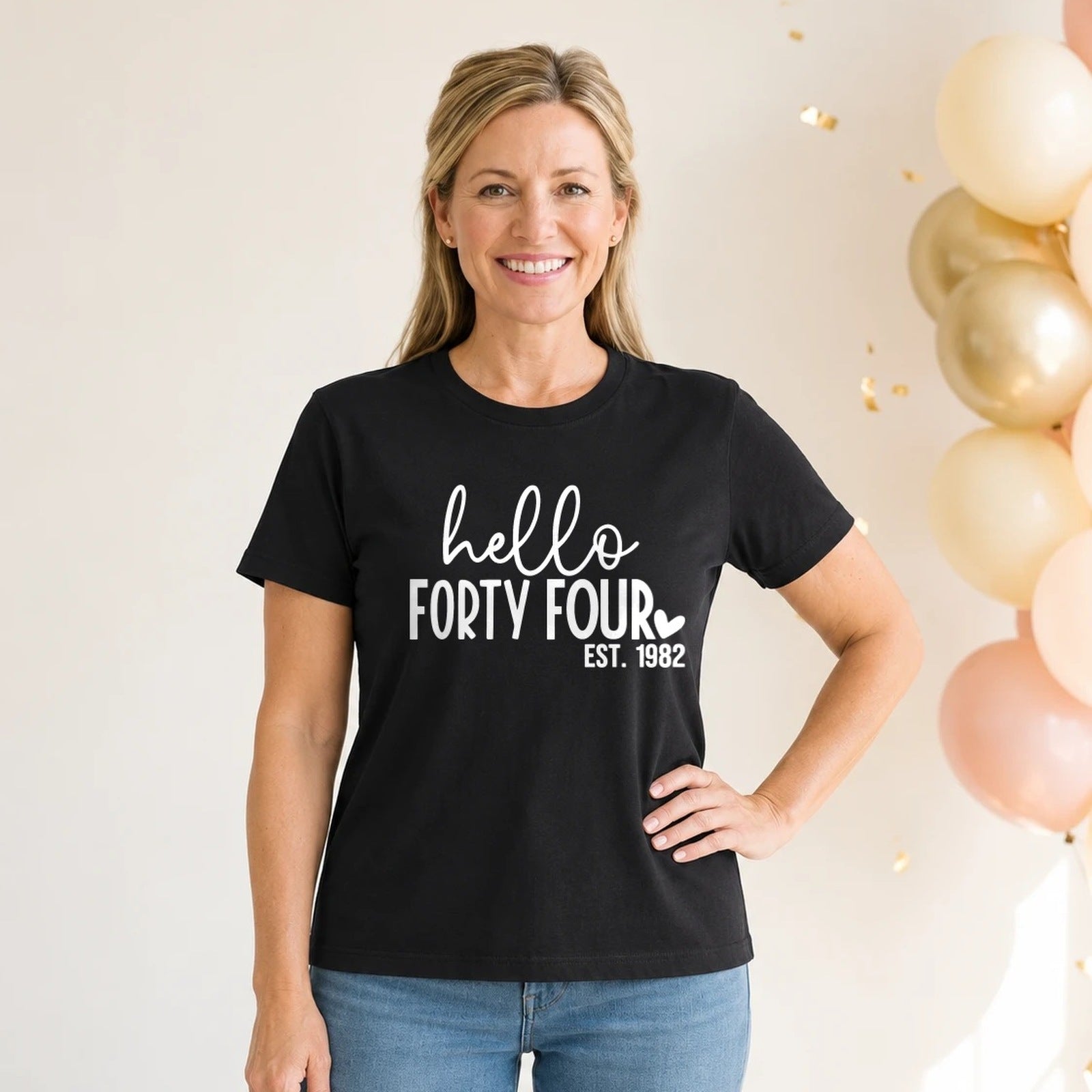 Hello Forty-Four 44th Birthday T-Shirt for Women - Est. 1982 - Black Round Neck