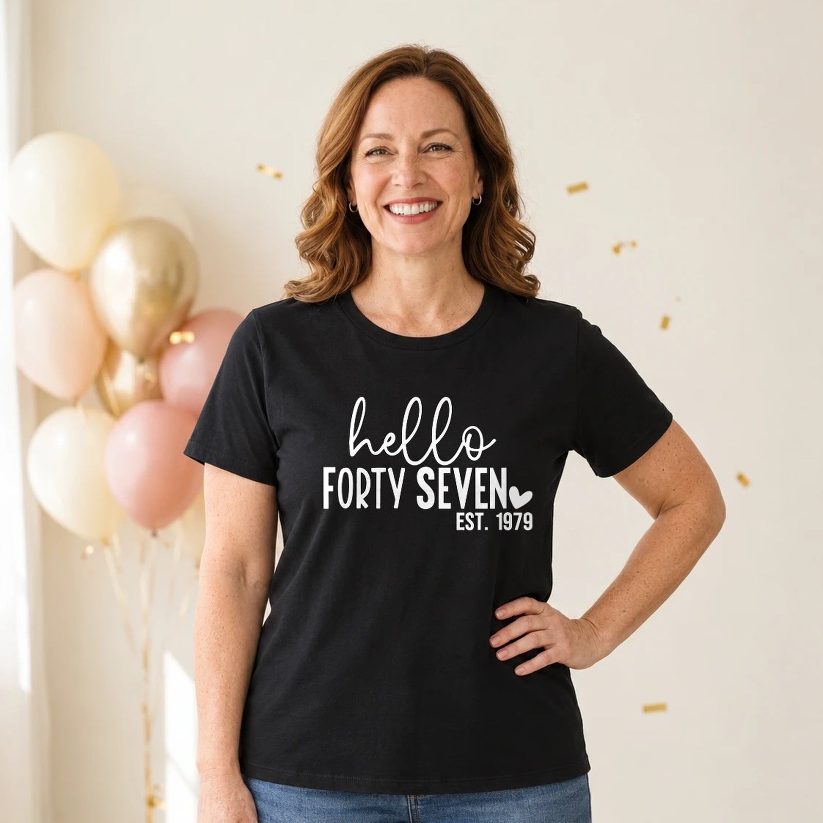 Hello Forty-Seven 47th Birthday T-Shirt for Women - Est. 1979 - Black Round Neck