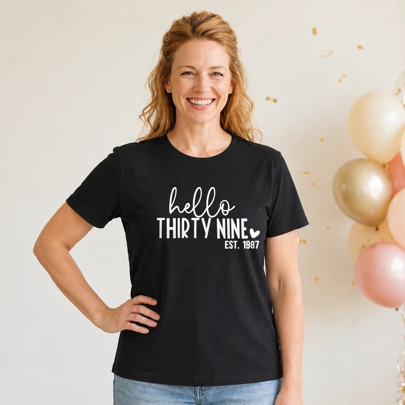 Hello Thirty-Nine 39th Birthday T-Shirt for Women - Est. 1987 - Black Round Neck