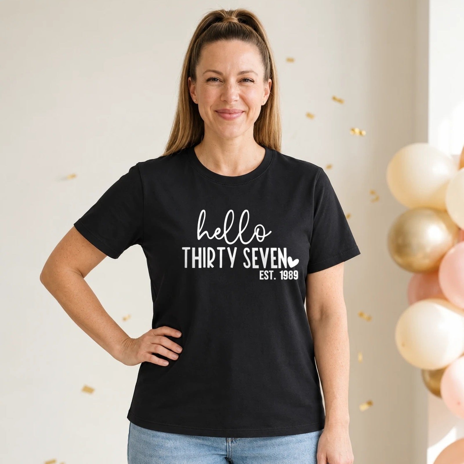 Hello Thirty-Seven 37th Birthday T-Shirt for Women - Est. 1989 - Black Round Neck