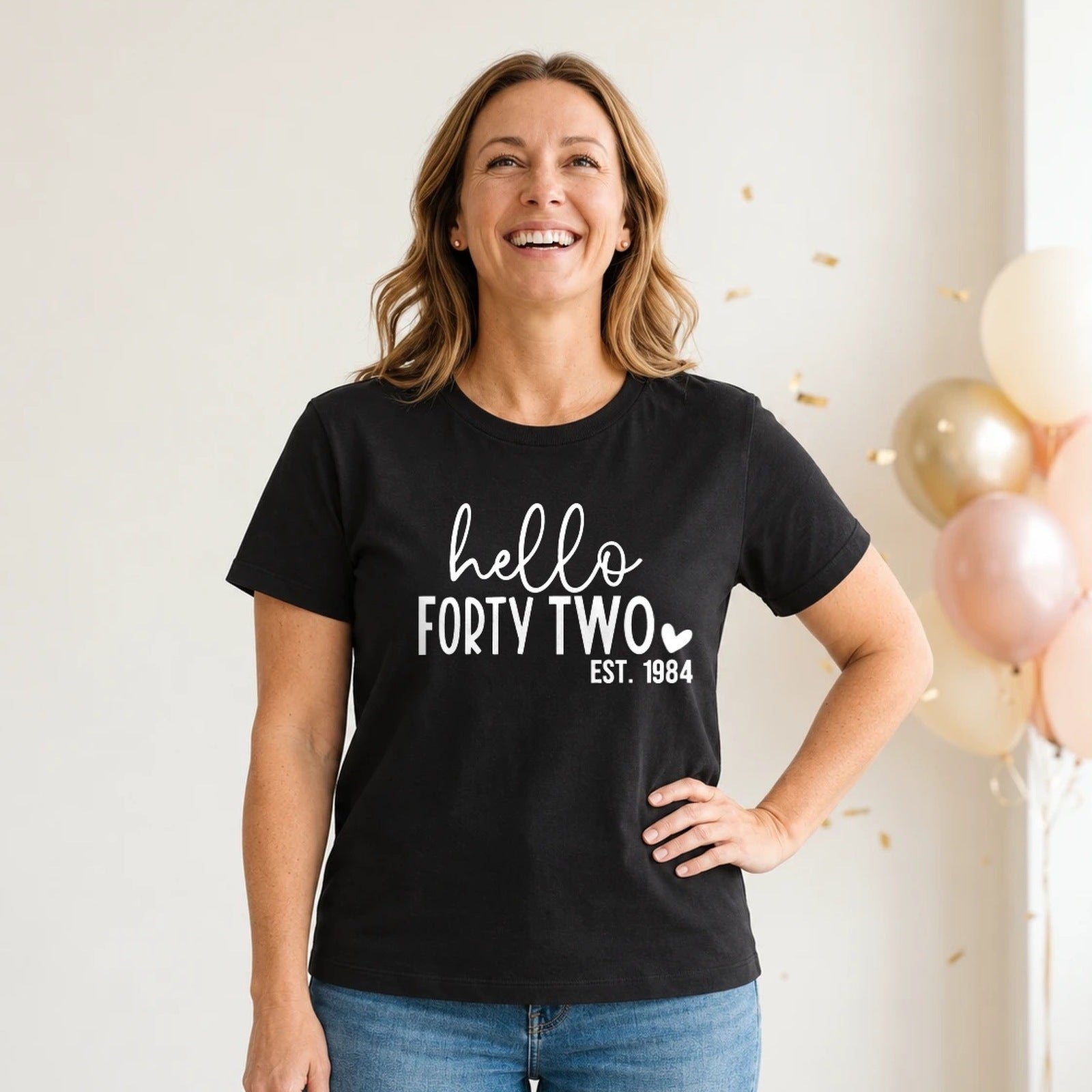Hello Forty-Two 42nd Birthday T-Shirt for Women - Est. 1984 - Black Round Neck
