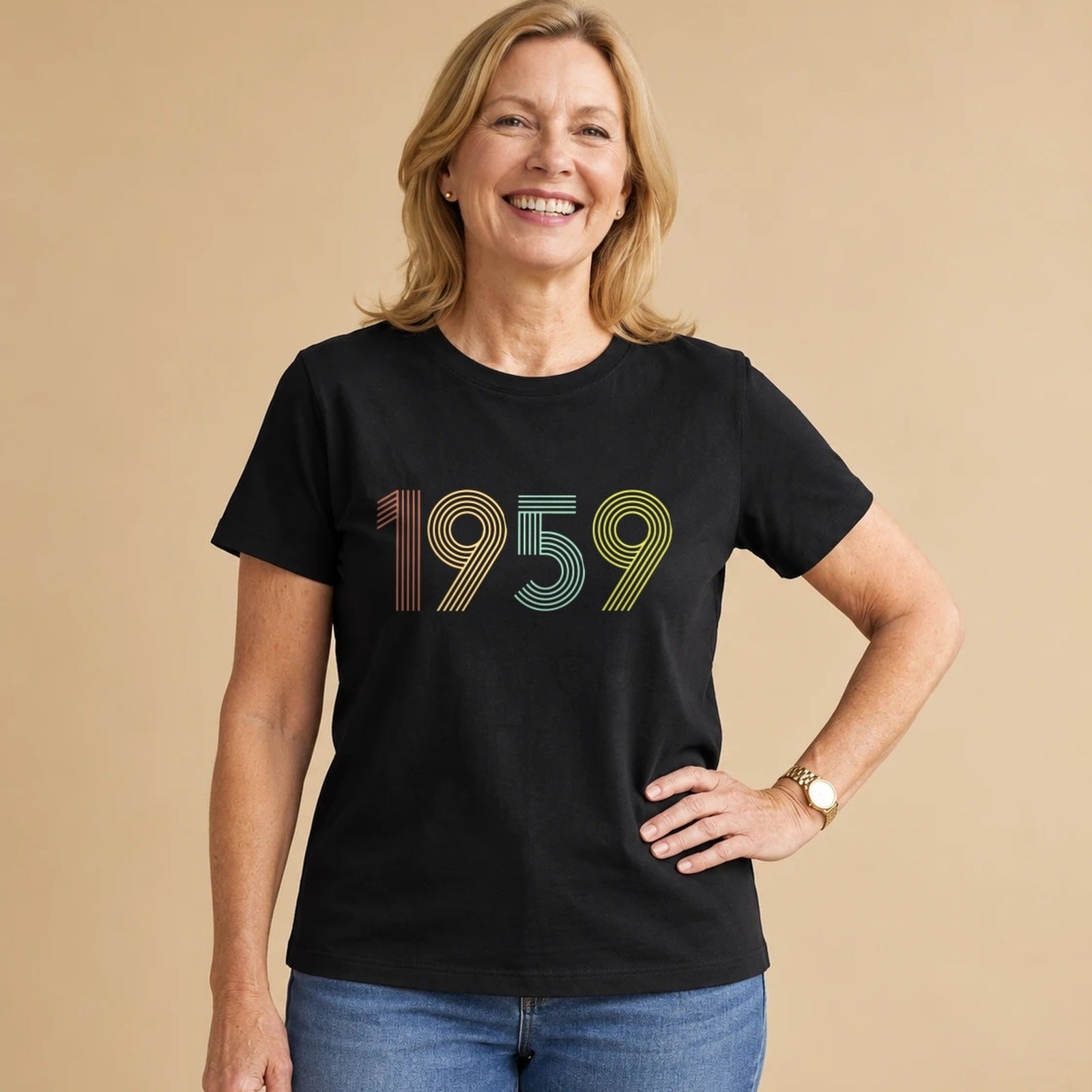 1959 Birth Year Shirt - Retro 67th Birthday T-Shirt for Women - Black Round Neck