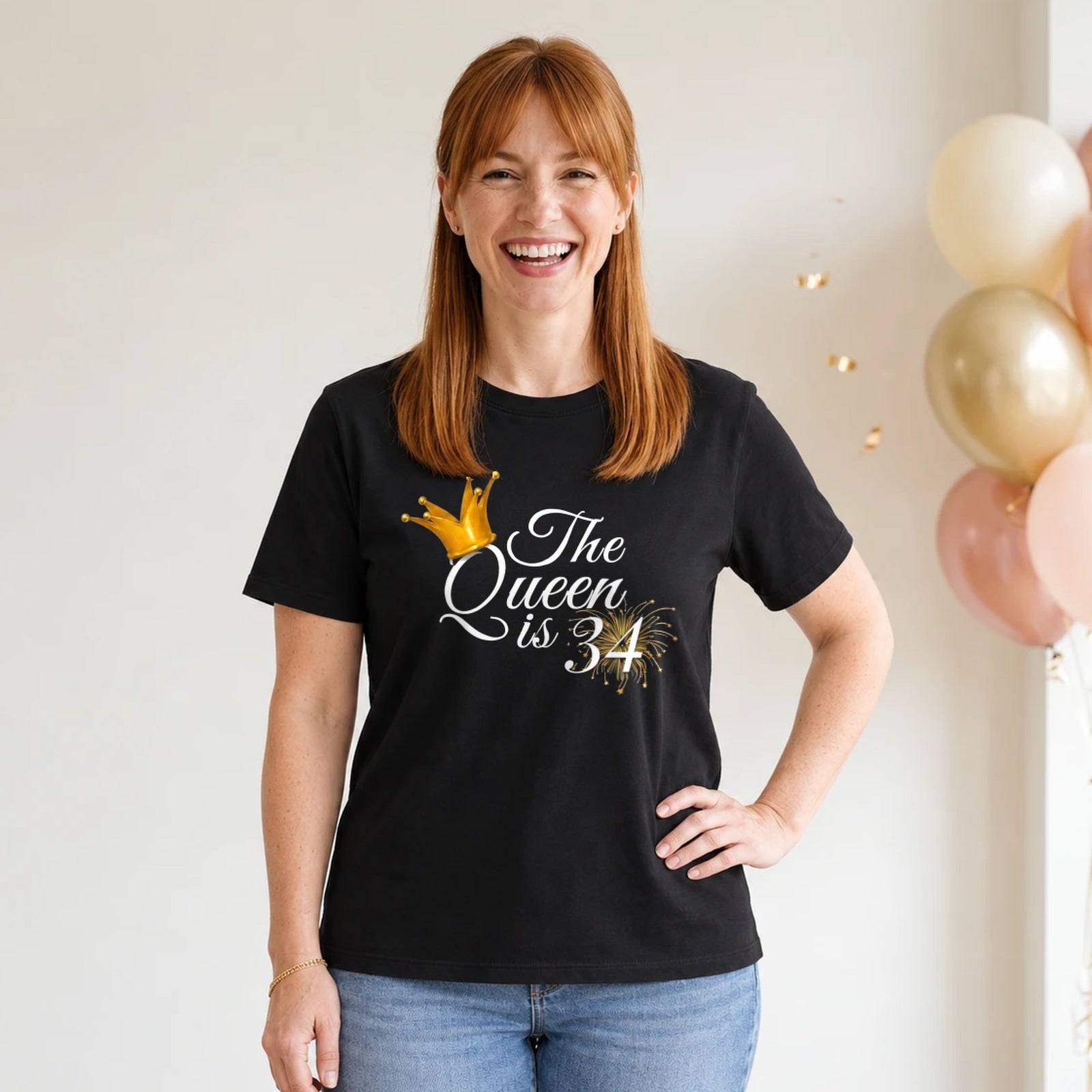 The Queen Is 34 - 34th Birthday Queen T-Shirt for Women - Black Round Neck