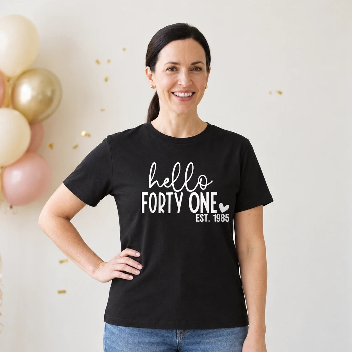 Hello Forty-One 41st Birthday T-Shirt for Women - Est. 1985 - Black Round Neck