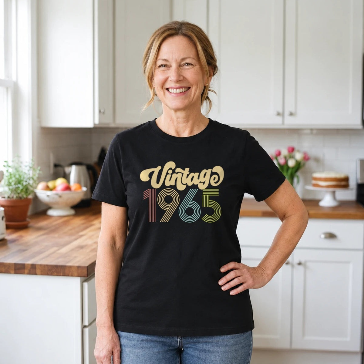 Vintage 1965 - Retro 61st Birthday T-Shirt for Women - Black Round Neck