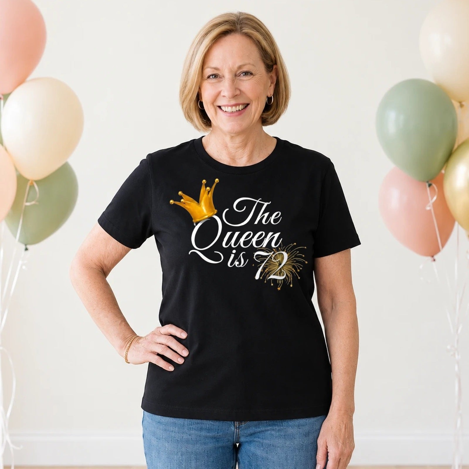 The Queen Is 72 - 72nd Birthday Queen T-Shirt for Women - Black Round Neck