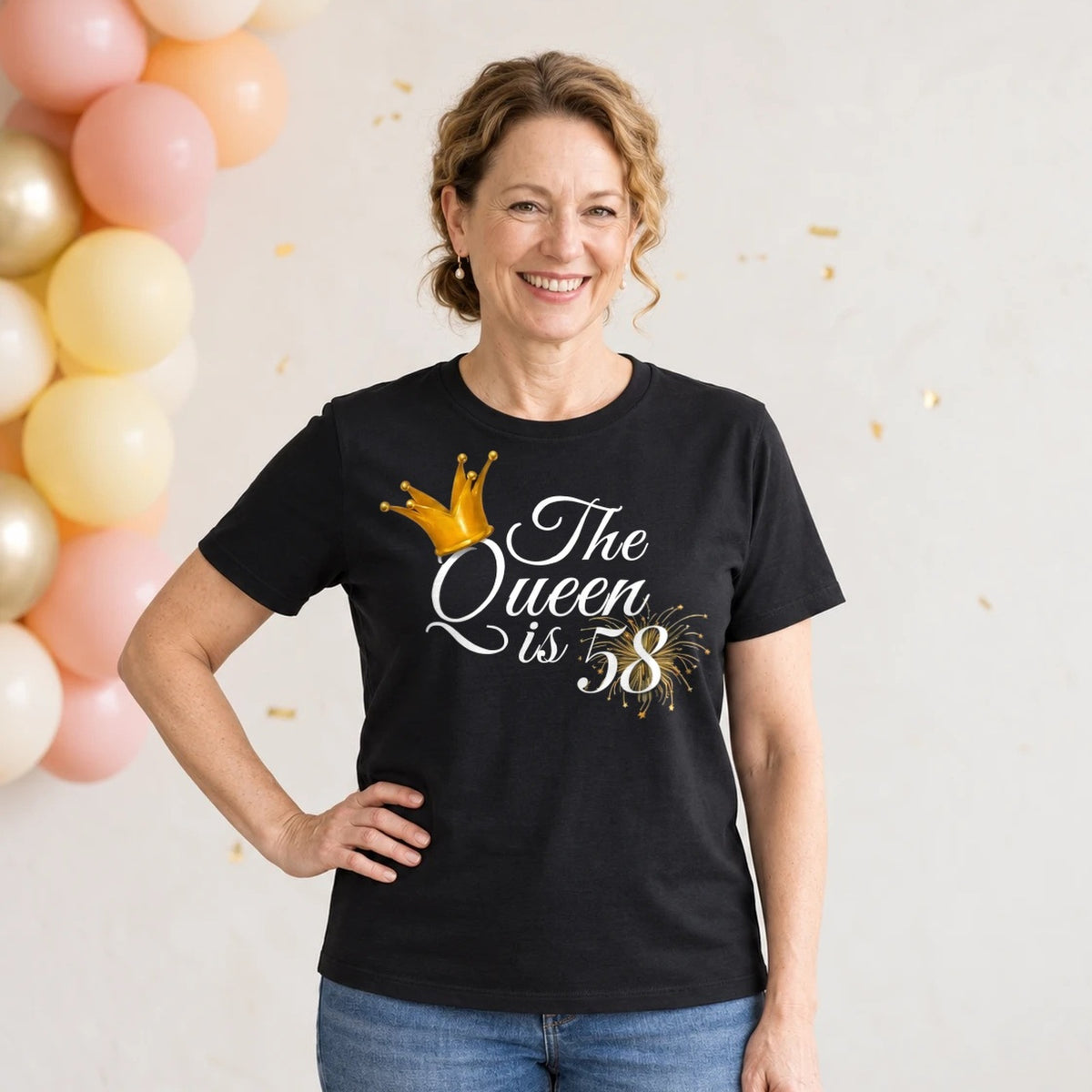 The Queen Is 58 - 58th Birthday Queen T-Shirt for Women - Black Round Neck