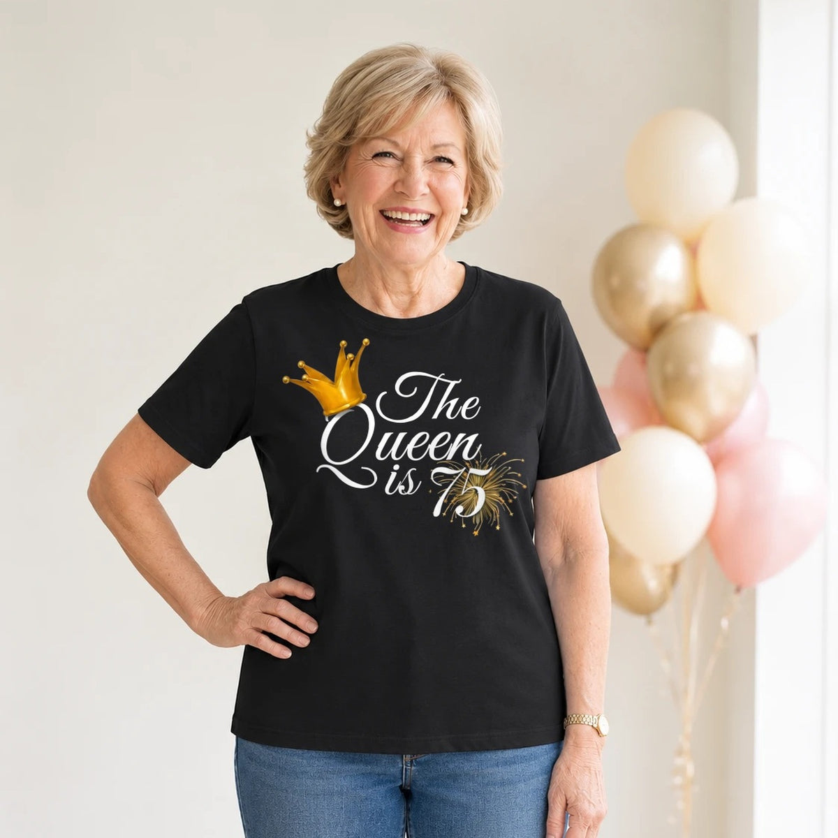 The Queen Is 75 - 75th Birthday Queen T-Shirt for Women - Black Round Neck