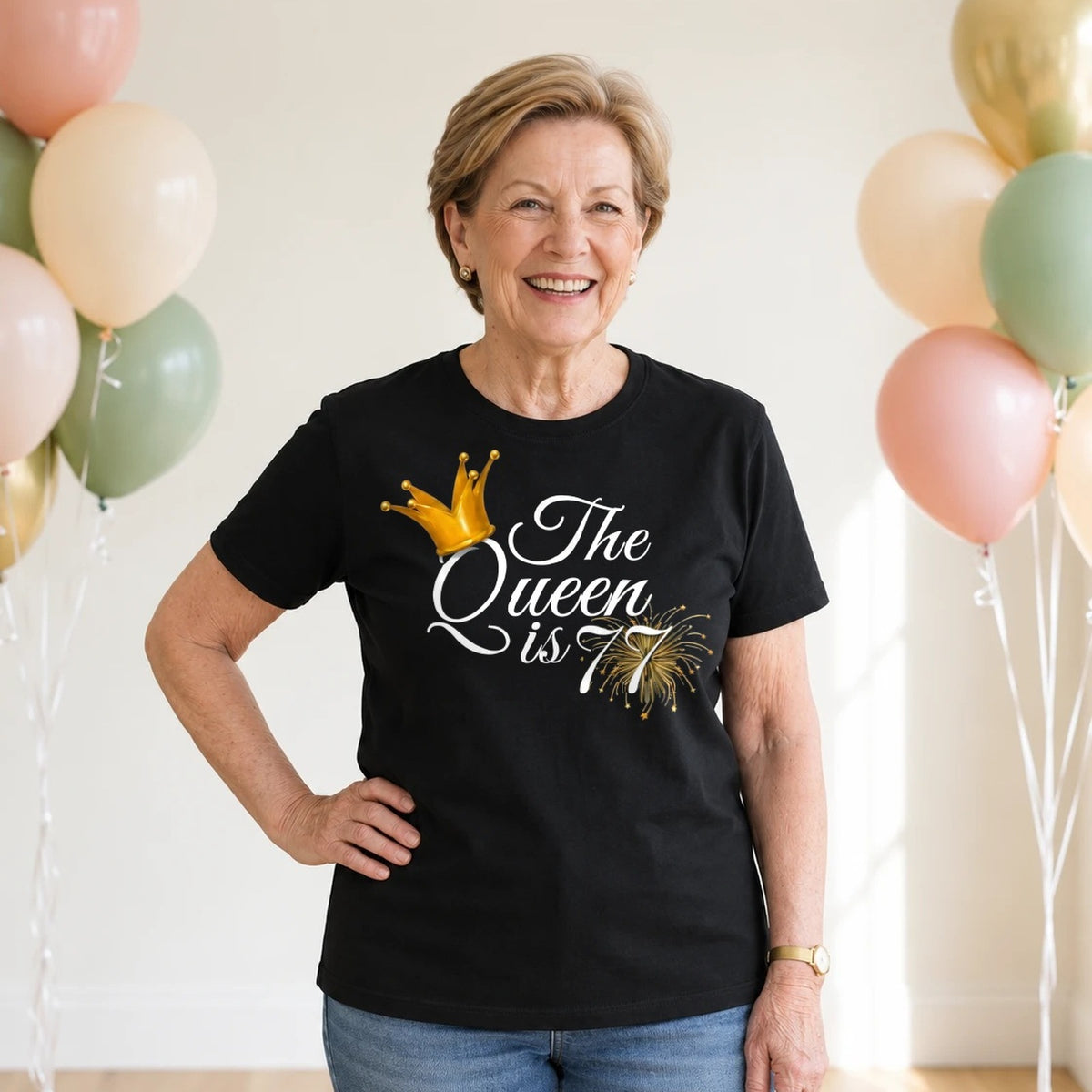 The Queen Is 77 - 77th Birthday Queen T-Shirt for Women - Black Round Neck