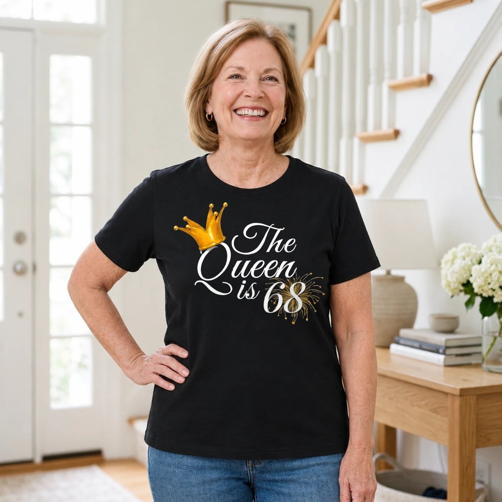 The Queen Is 68 - 68th Birthday Queen T-Shirt for Women - Black Round Neck