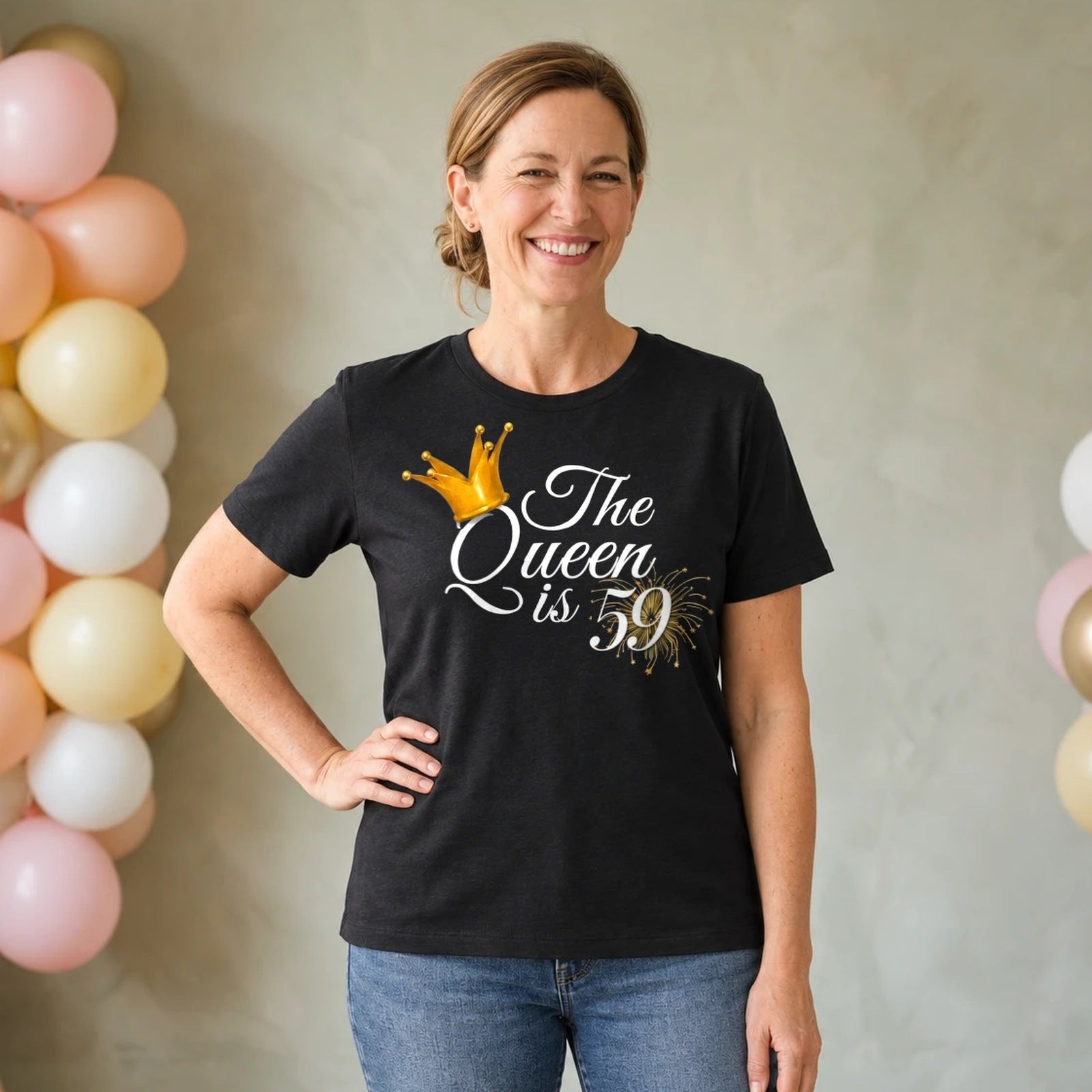 The Queen Is 59 - 59th Birthday Queen T-Shirt for Women - Black Round Neck