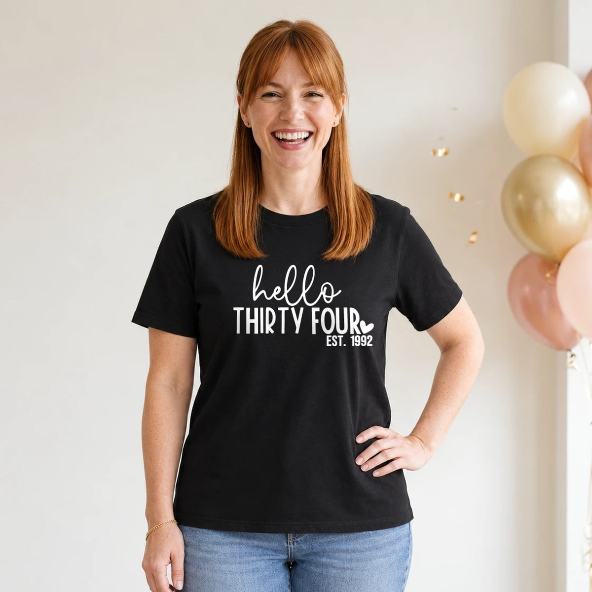 Hello Thirty-Four 34th Birthday T-Shirt for Women - Est. 1992 - Black Round Neck