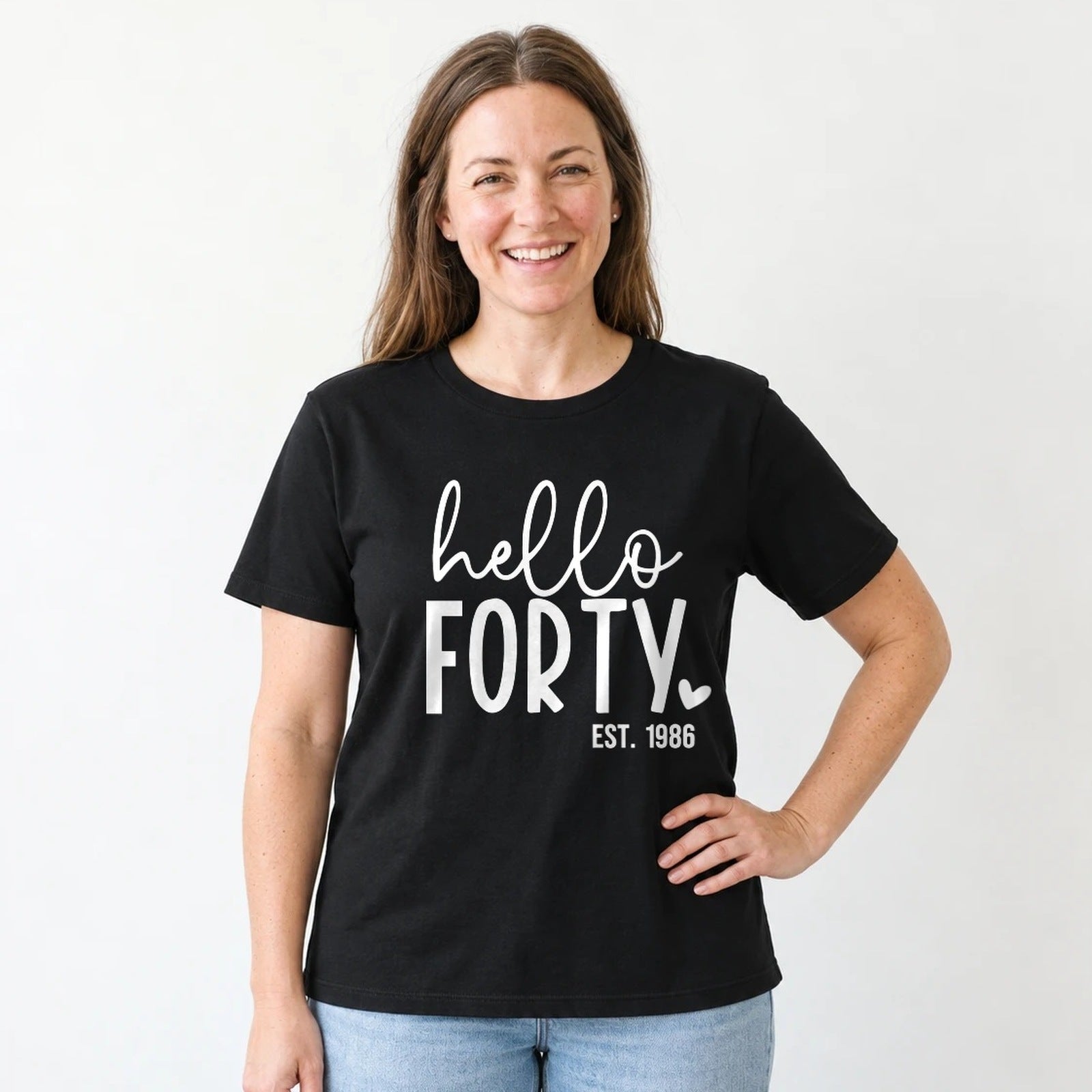 Hello Forty 40th Birthday T-Shirt for Women - Est. 1986 - Black Round Neck