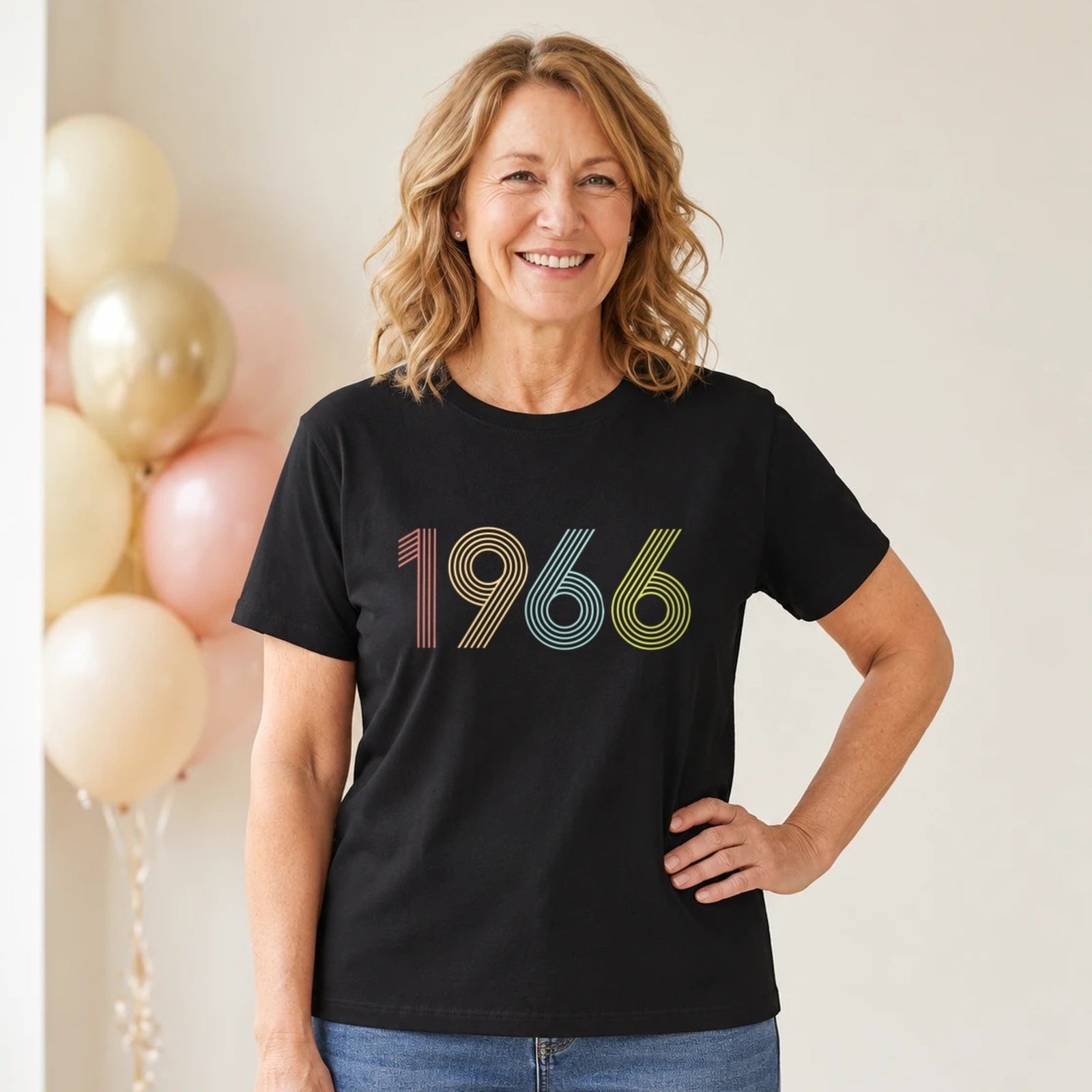 1966 Birth Year Shirt - Retro 60th Birthday T-Shirt for Women - Black Round Neck